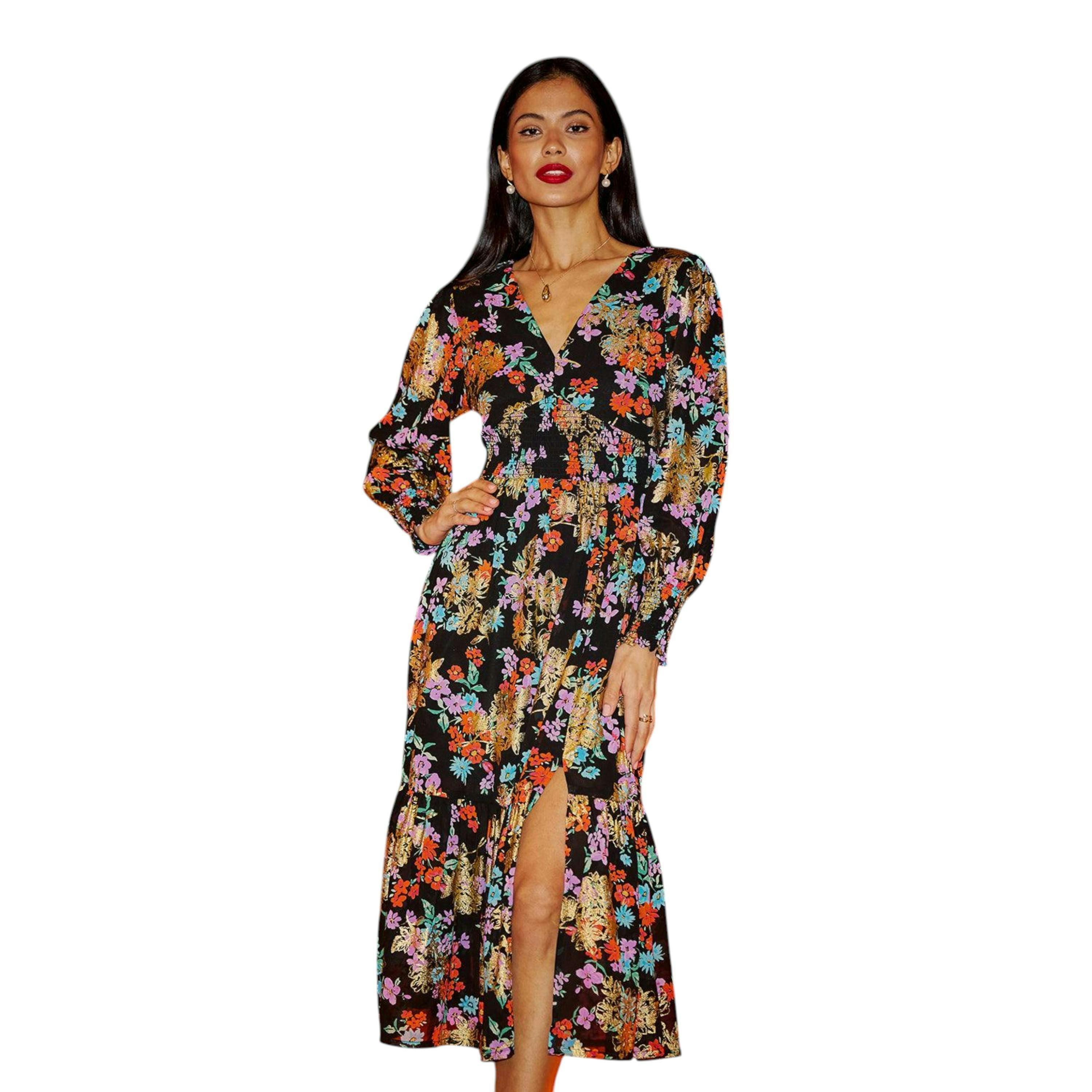 Yumi Black Floral And Foil Ruched Midi Dress With Split Hemline , view 1 of 6
