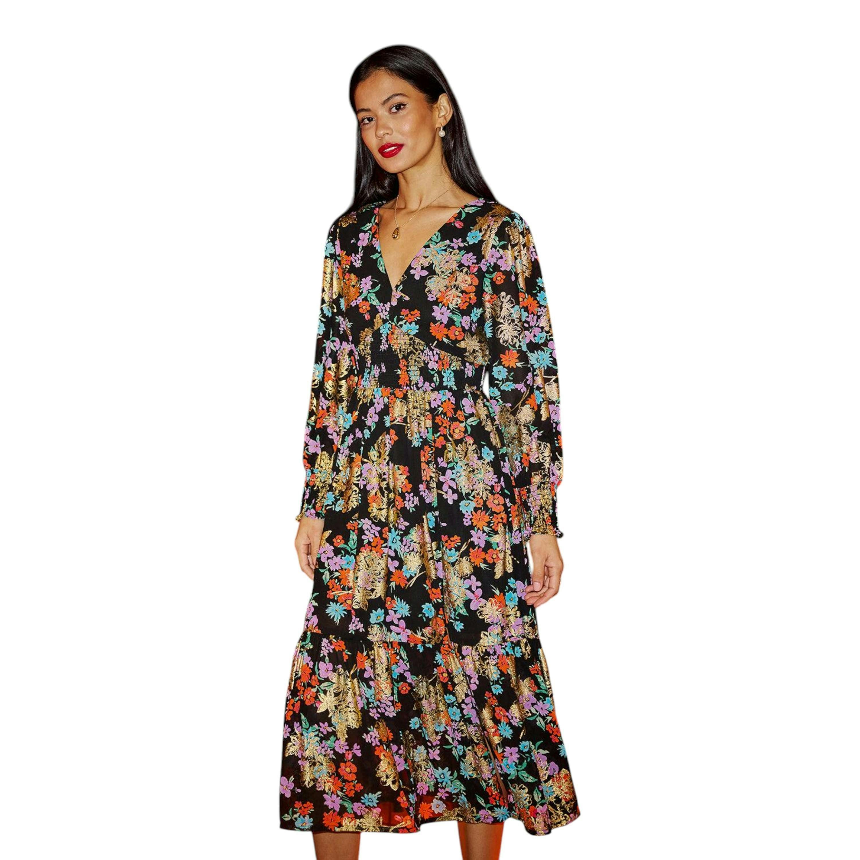 Yumi Black Floral And Foil Ruched Midi Dress With Split Hemline , view 2 of 6