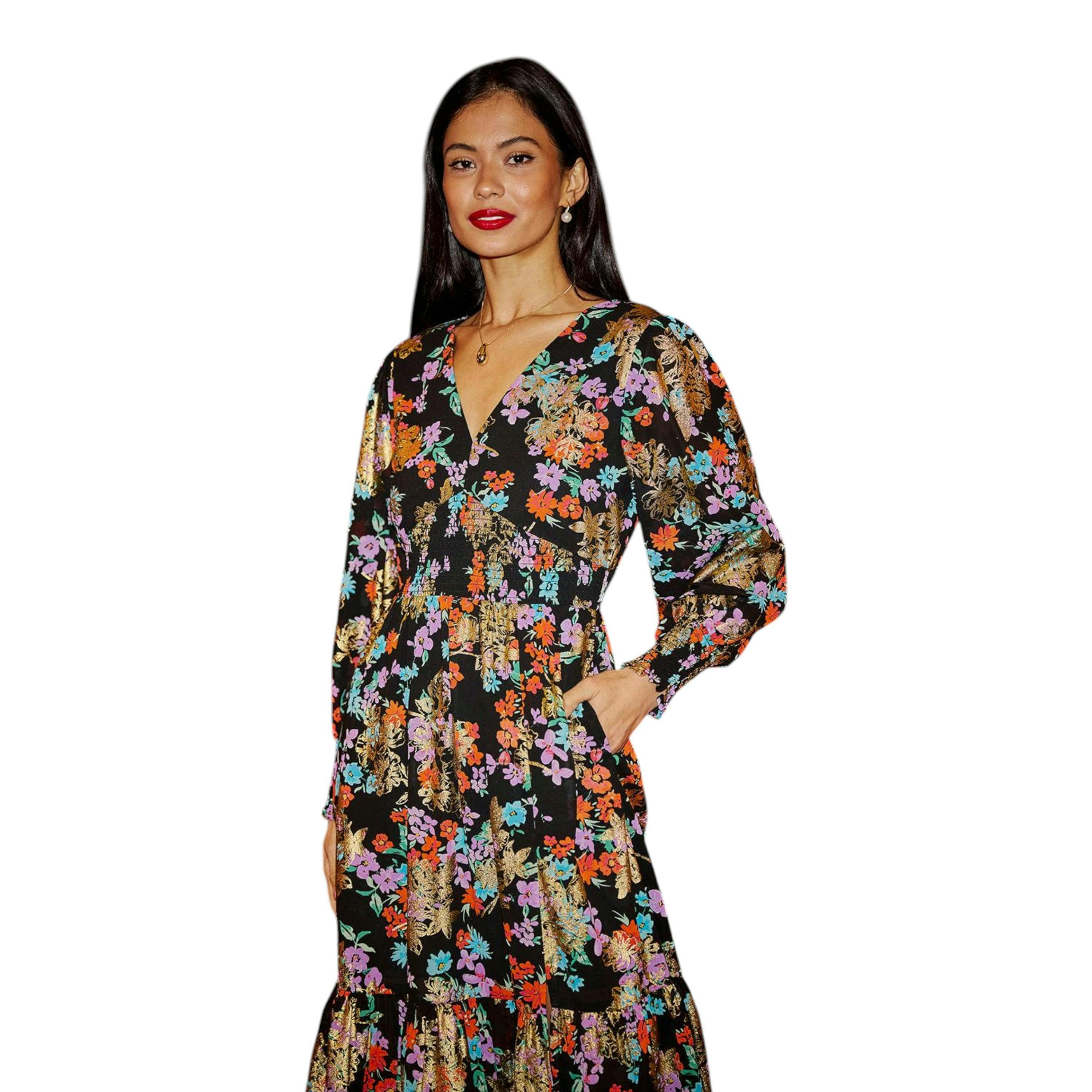 Yumi Black Floral And Foil Ruched Midi Dress With Split Hemline , view 3 of 6