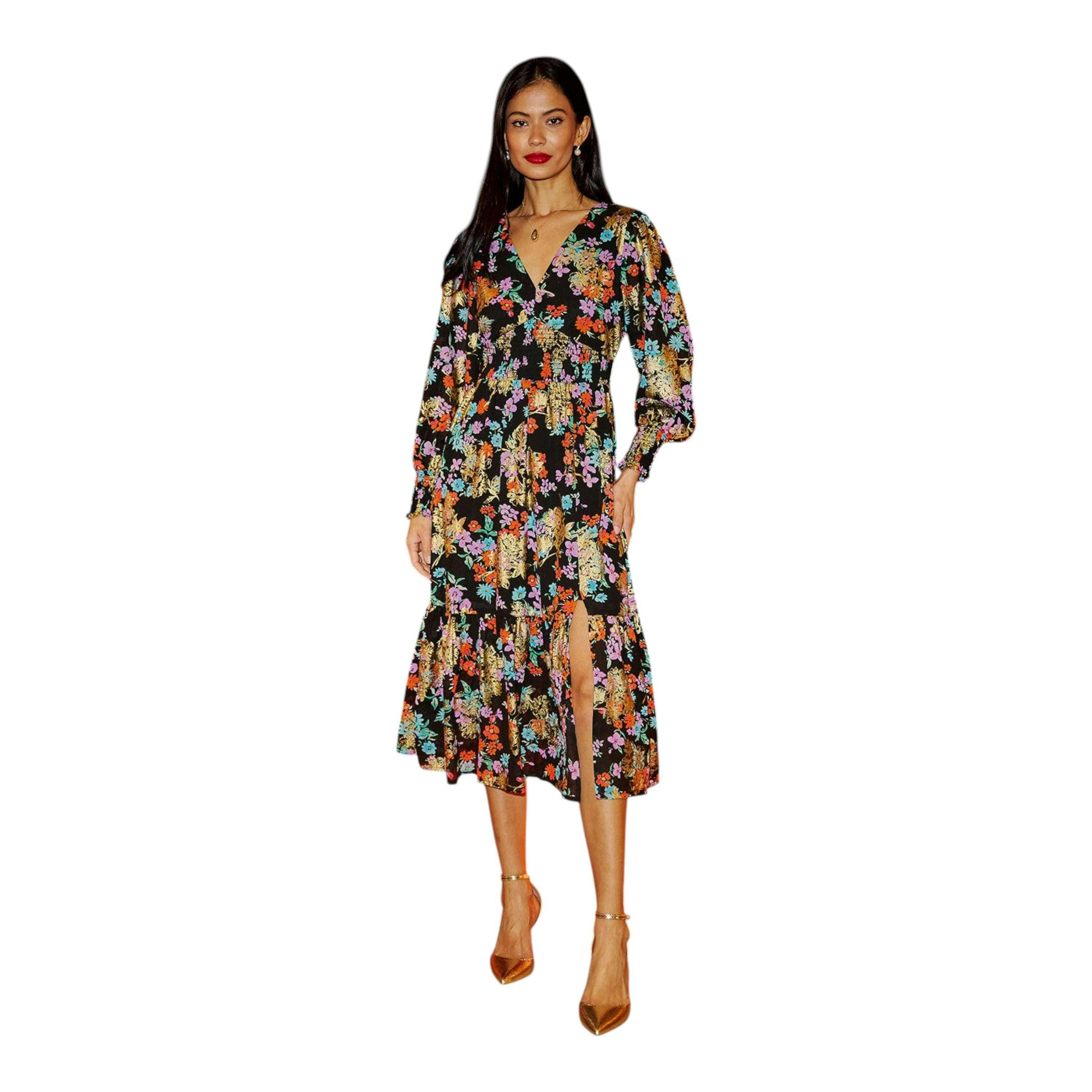 Yumi Black Floral And Foil Ruched Midi Dress With Split Hemline , view 4 of 6