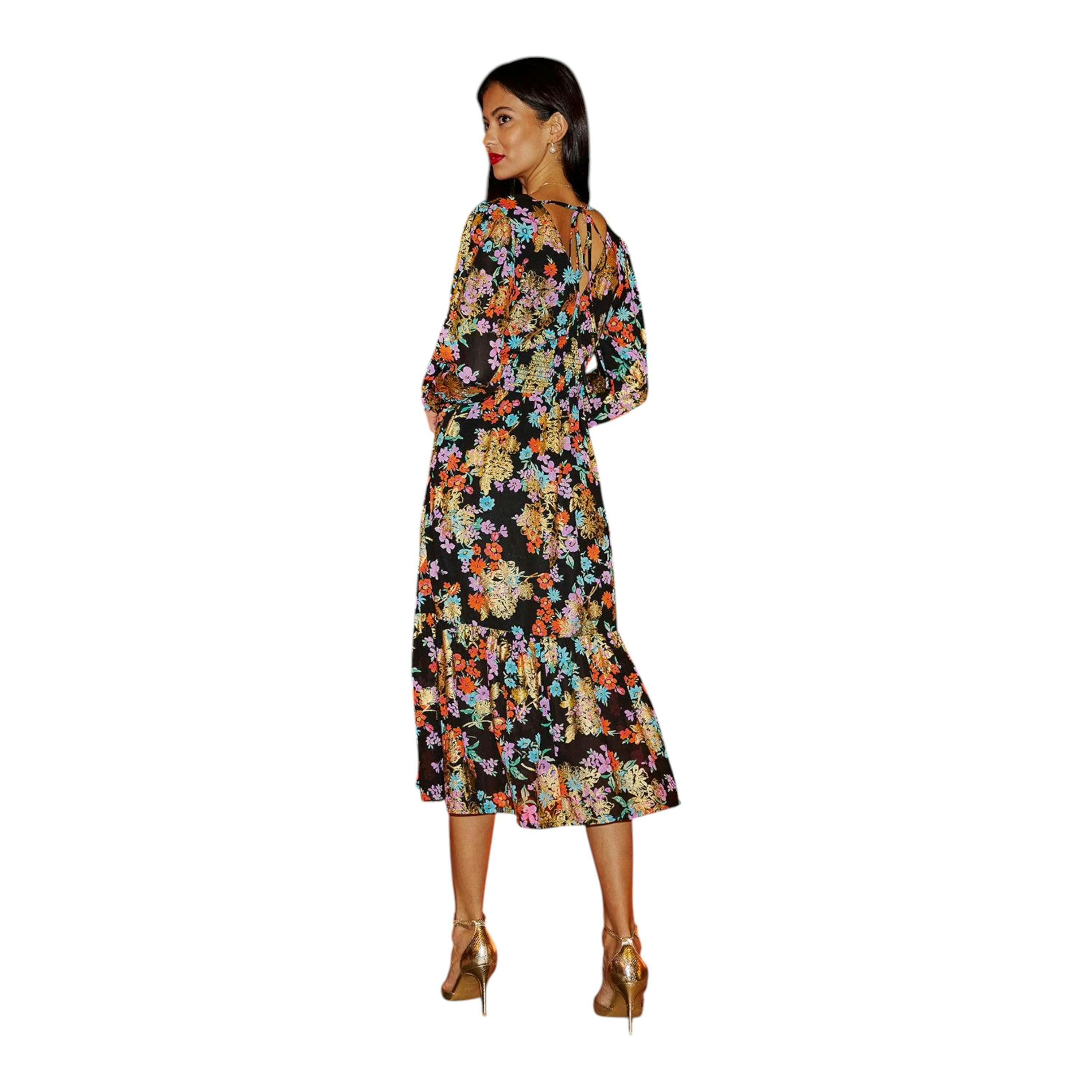 Yumi Black Floral And Foil Ruched Midi Dress With Split Hemline , view 5 of 6