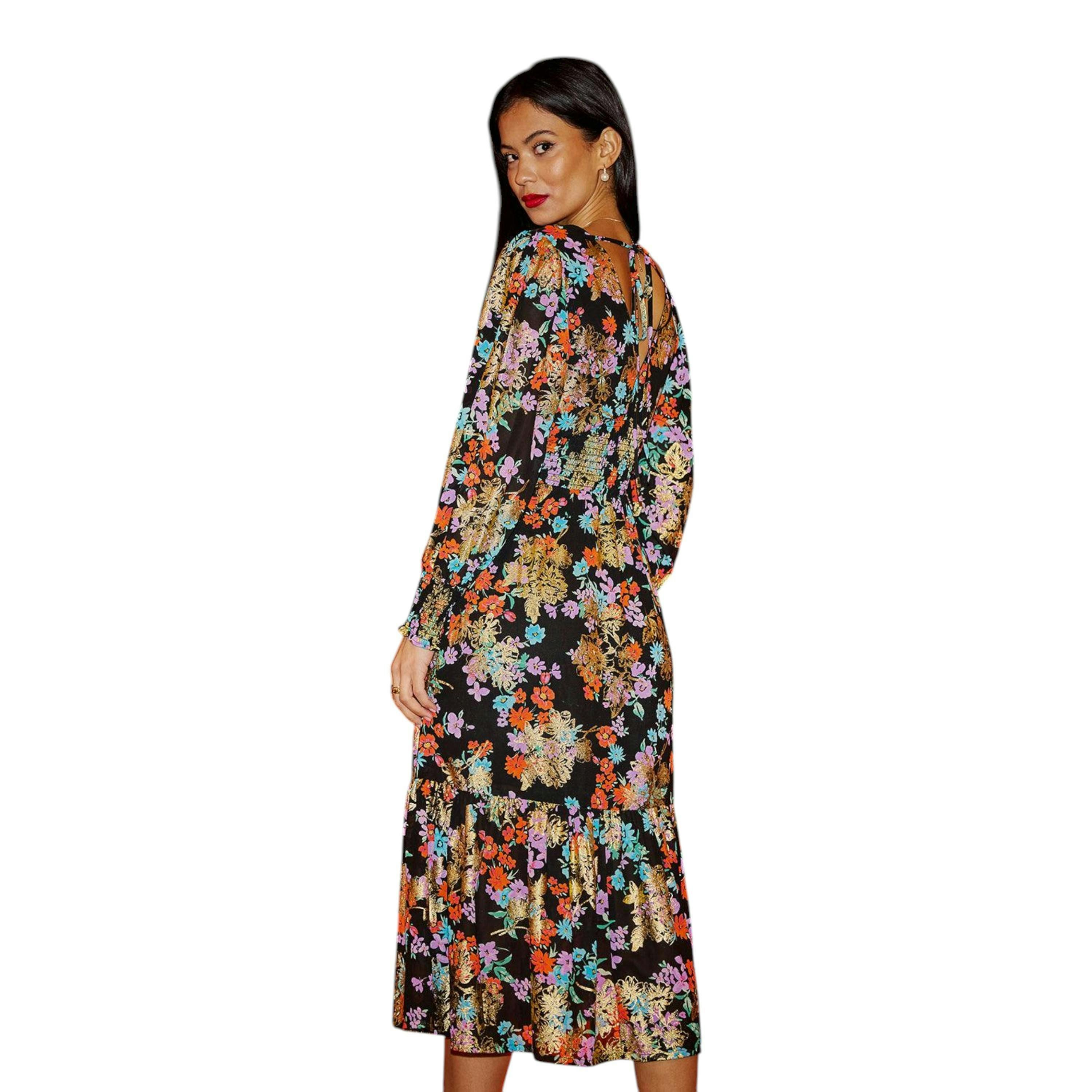 Yumi Black Floral And Foil Ruched Midi Dress With Split Hemline , view 6 of 6