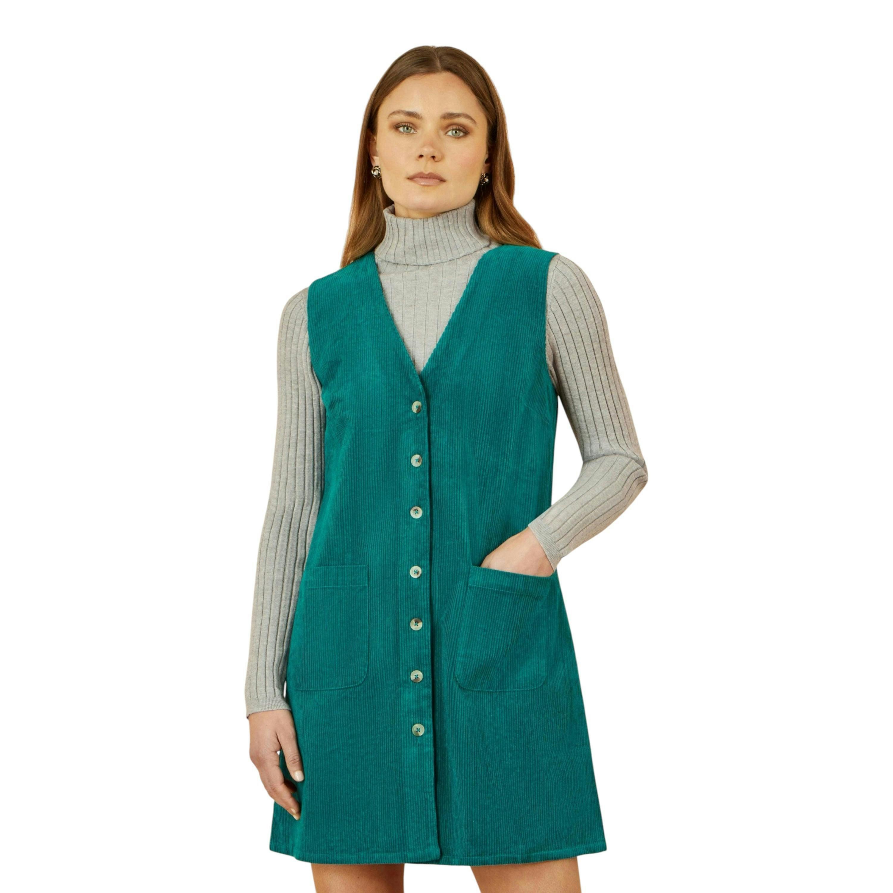 Yumi Teal Cord Button Through Pinafore Dress With Pockets , view 1 of 5
