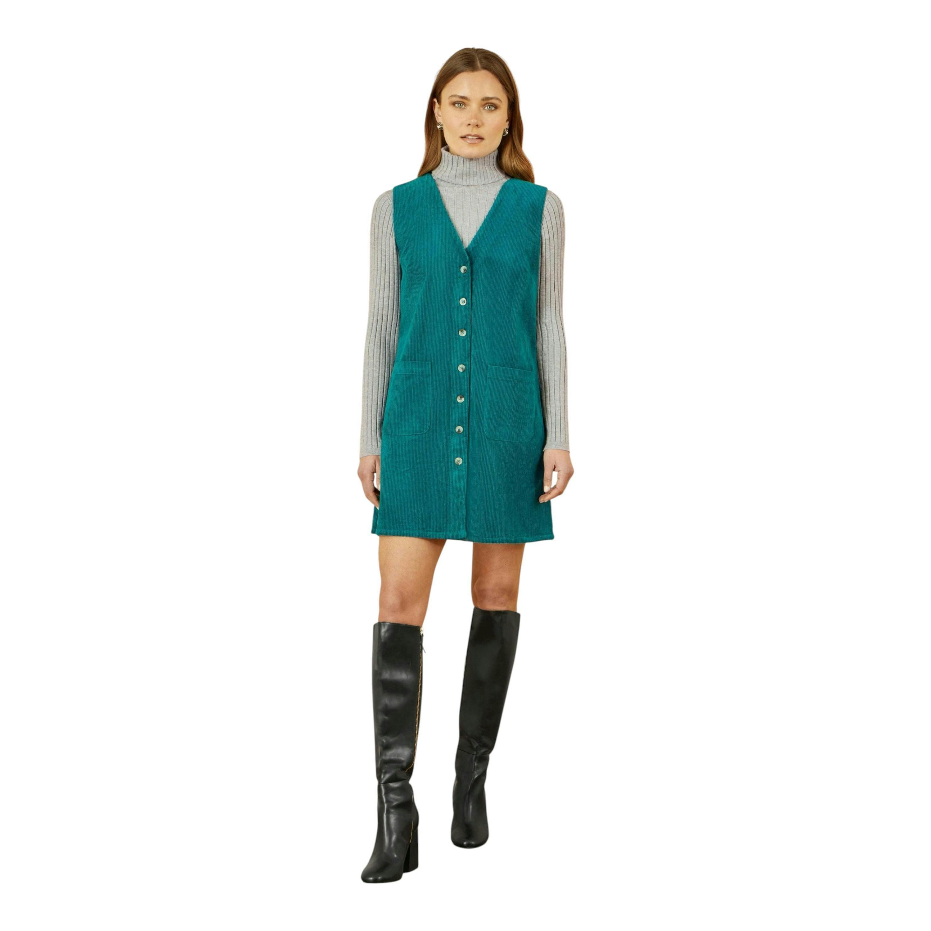 Yumi Teal Cord Button Through Pinafore Dress With Pockets , view 2 of 5