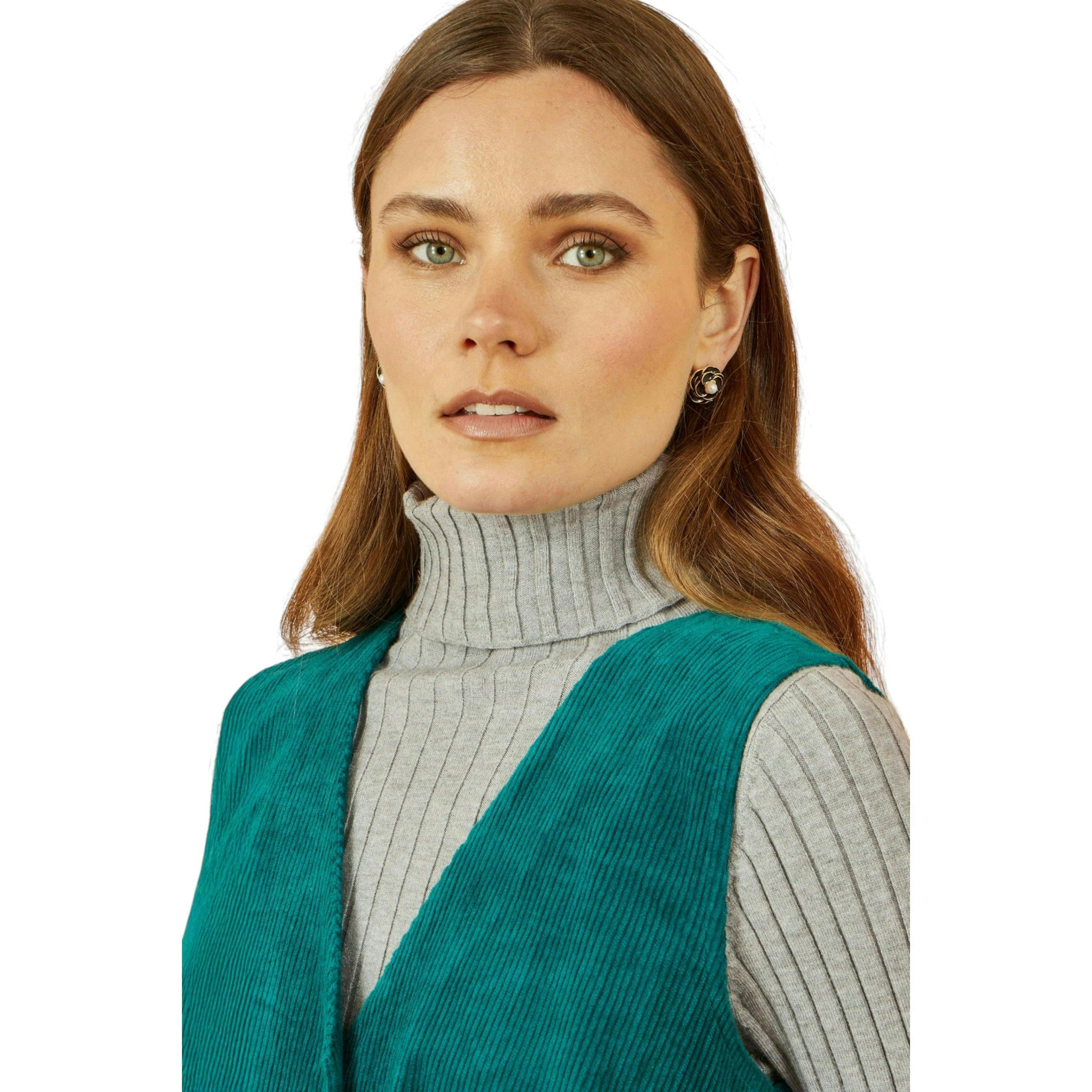 Yumi Teal Cord Button Through Pinafore Dress With Pockets , view 3 of 5