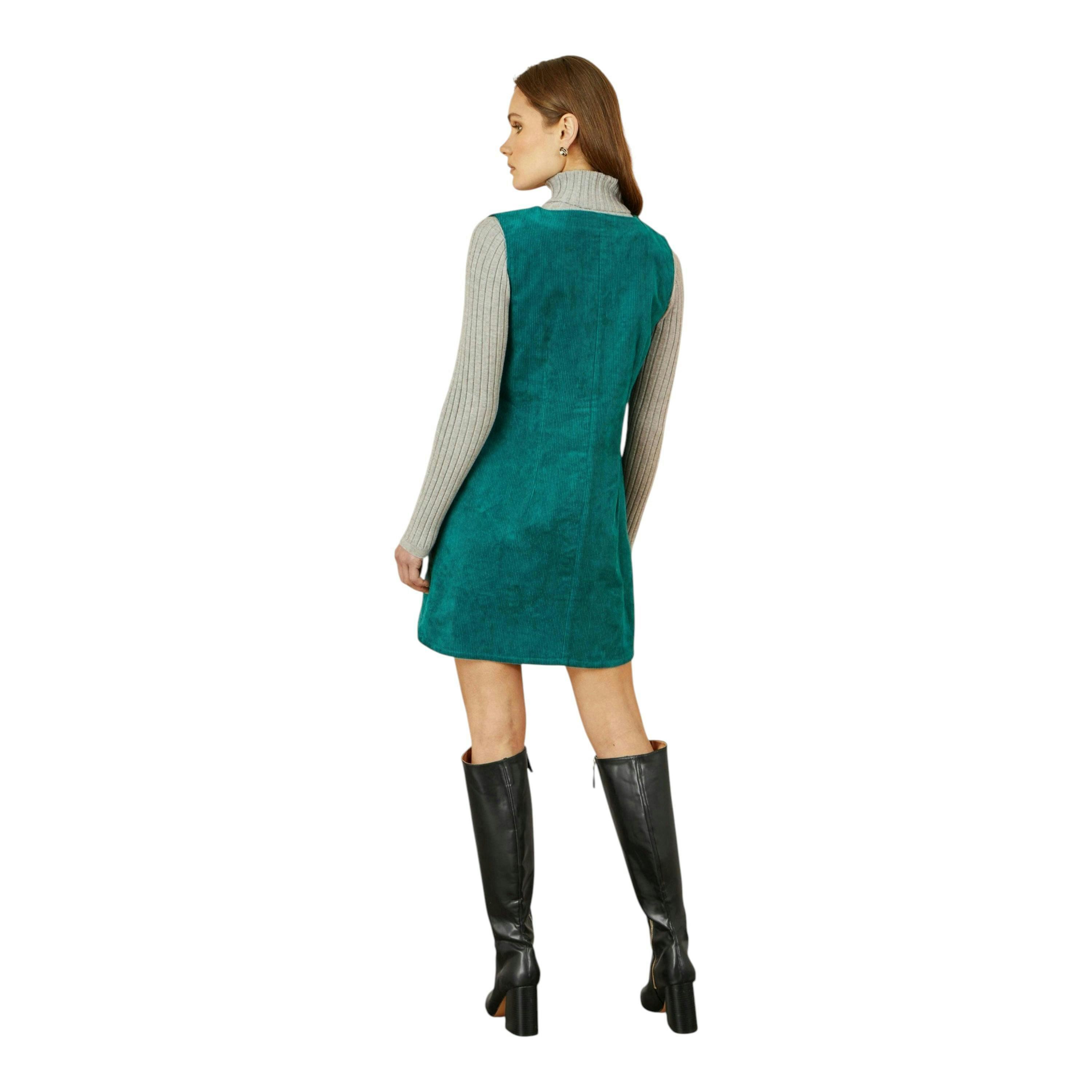 Yumi Teal Cord Button Through Pinafore Dress With Pockets , view 4 of 5