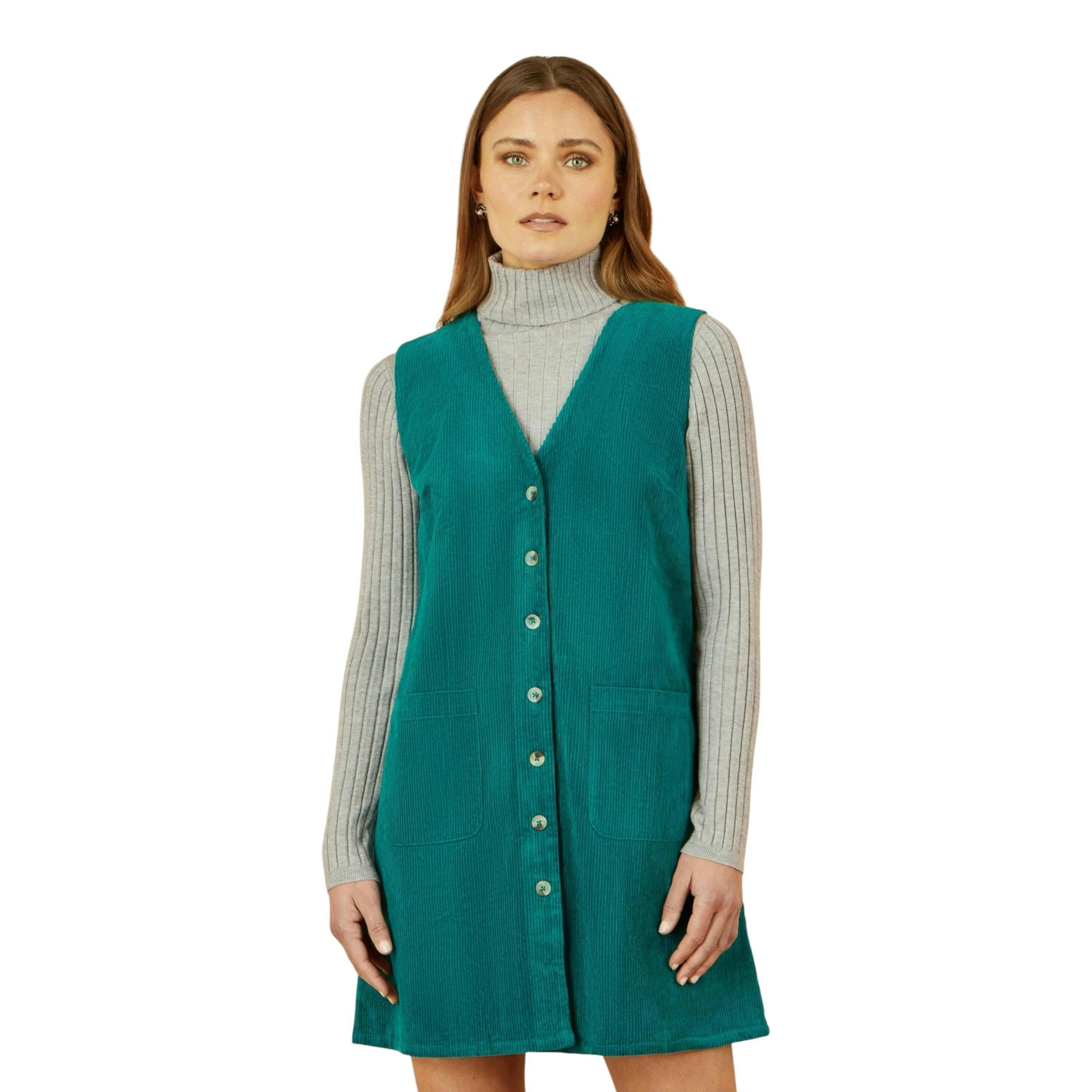 Yumi Teal Cord Button Through Pinafore Dress With Pockets , view 5 of 5
