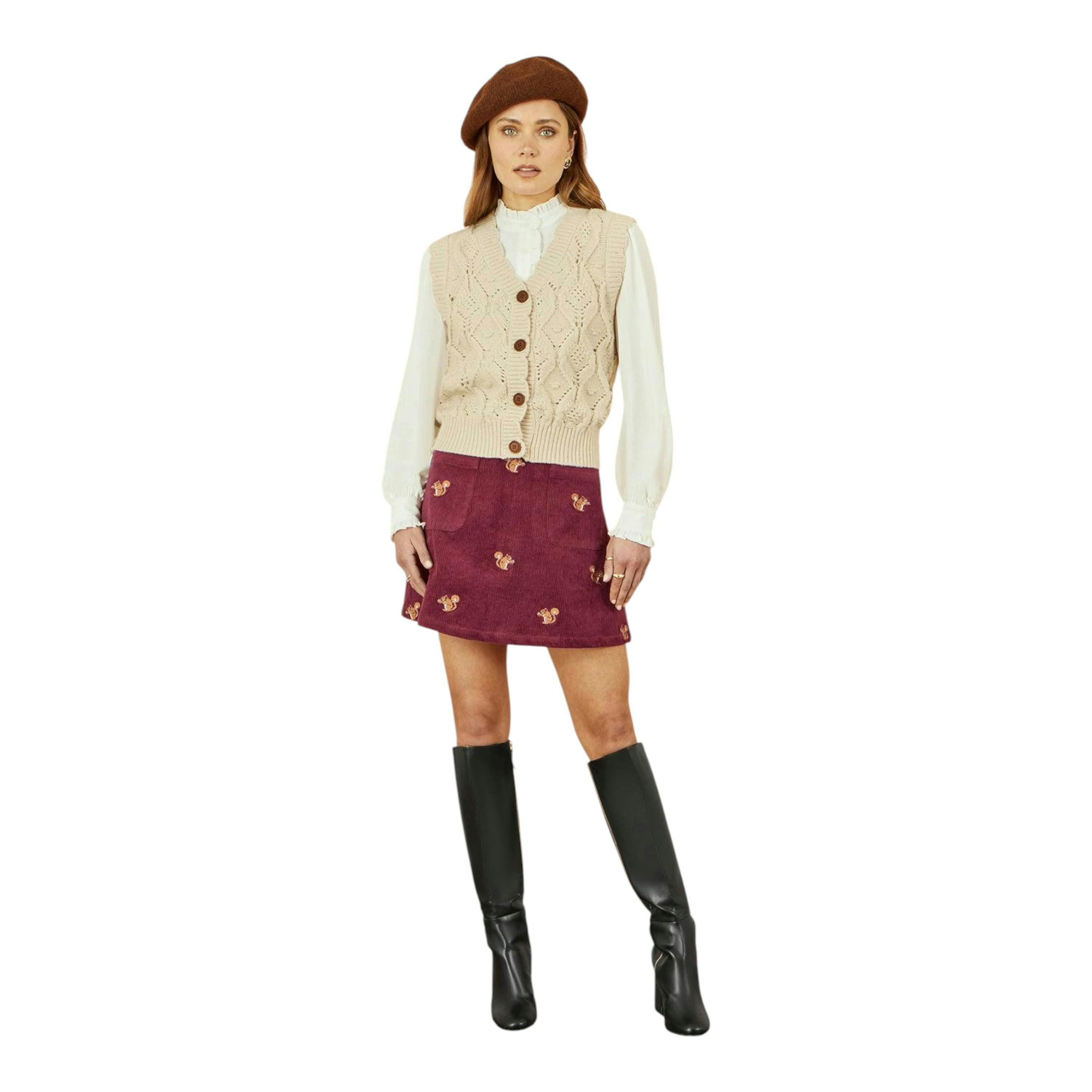 Yumi Burgundy Corduroy Embroidered Squirrel Mini Skirt , view 1 of 4