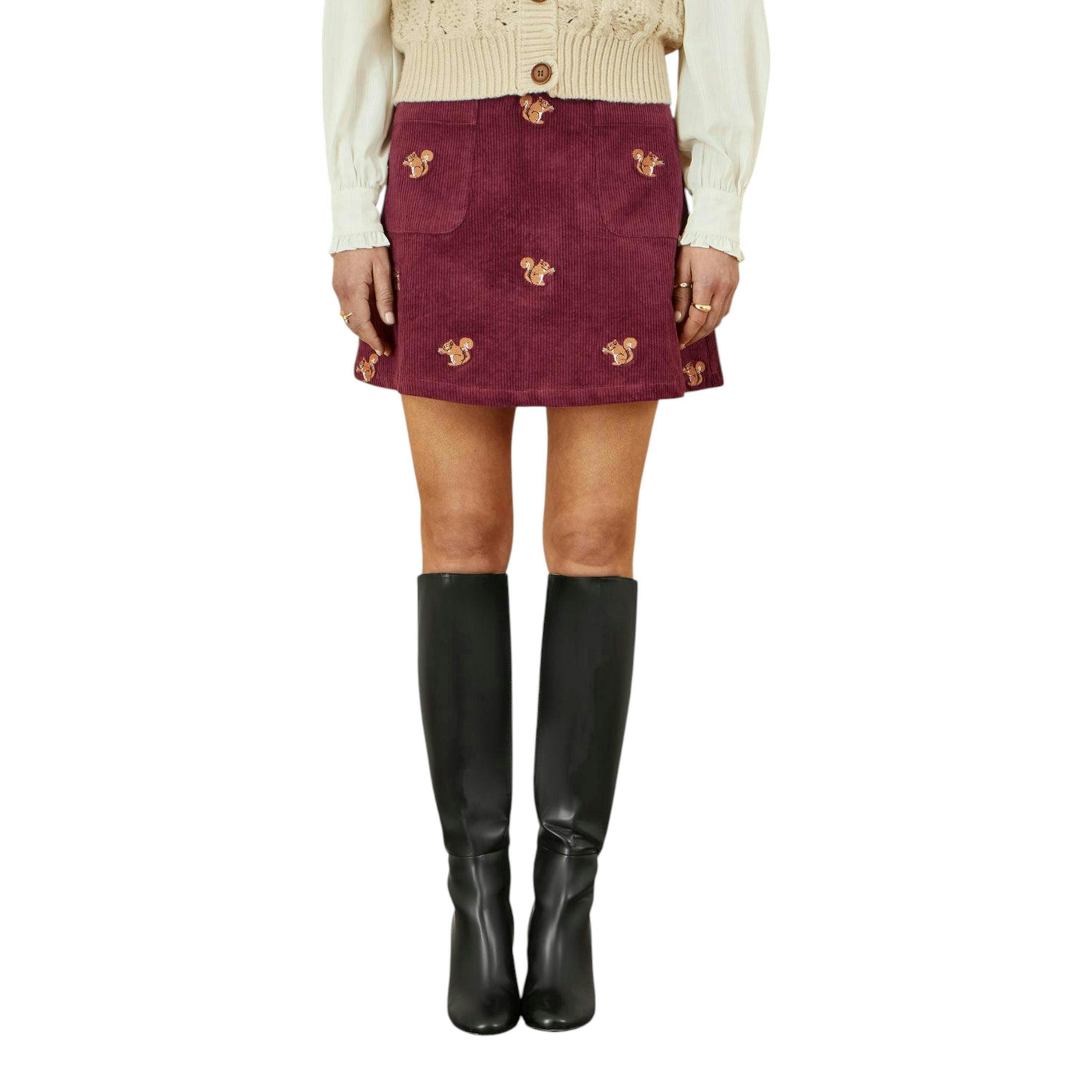 Yumi Burgundy Corduroy Embroidered Squirrel Mini Skirt , view 2 of 4