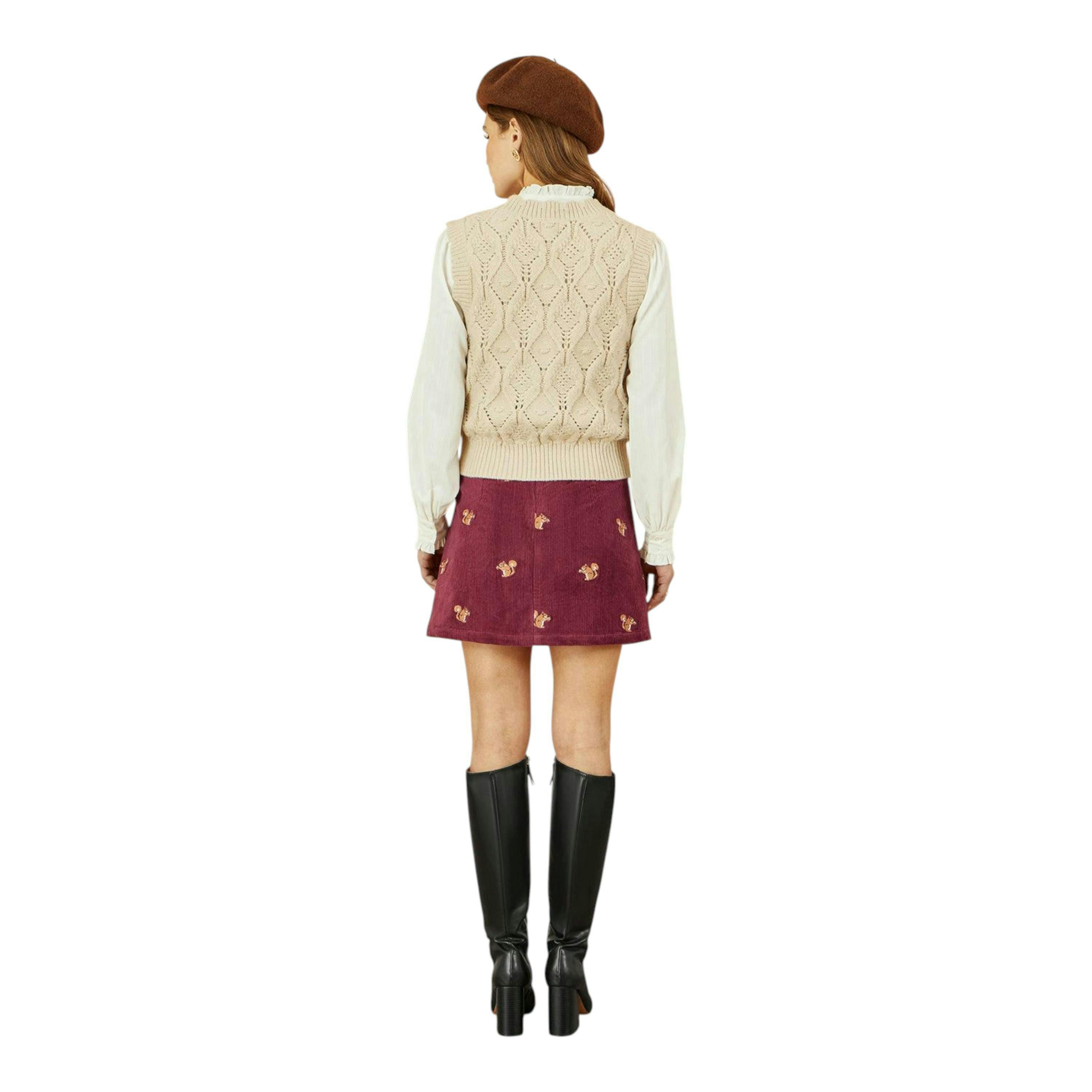 Yumi Burgundy Corduroy Embroidered Squirrel Mini Skirt , view 3 of 4