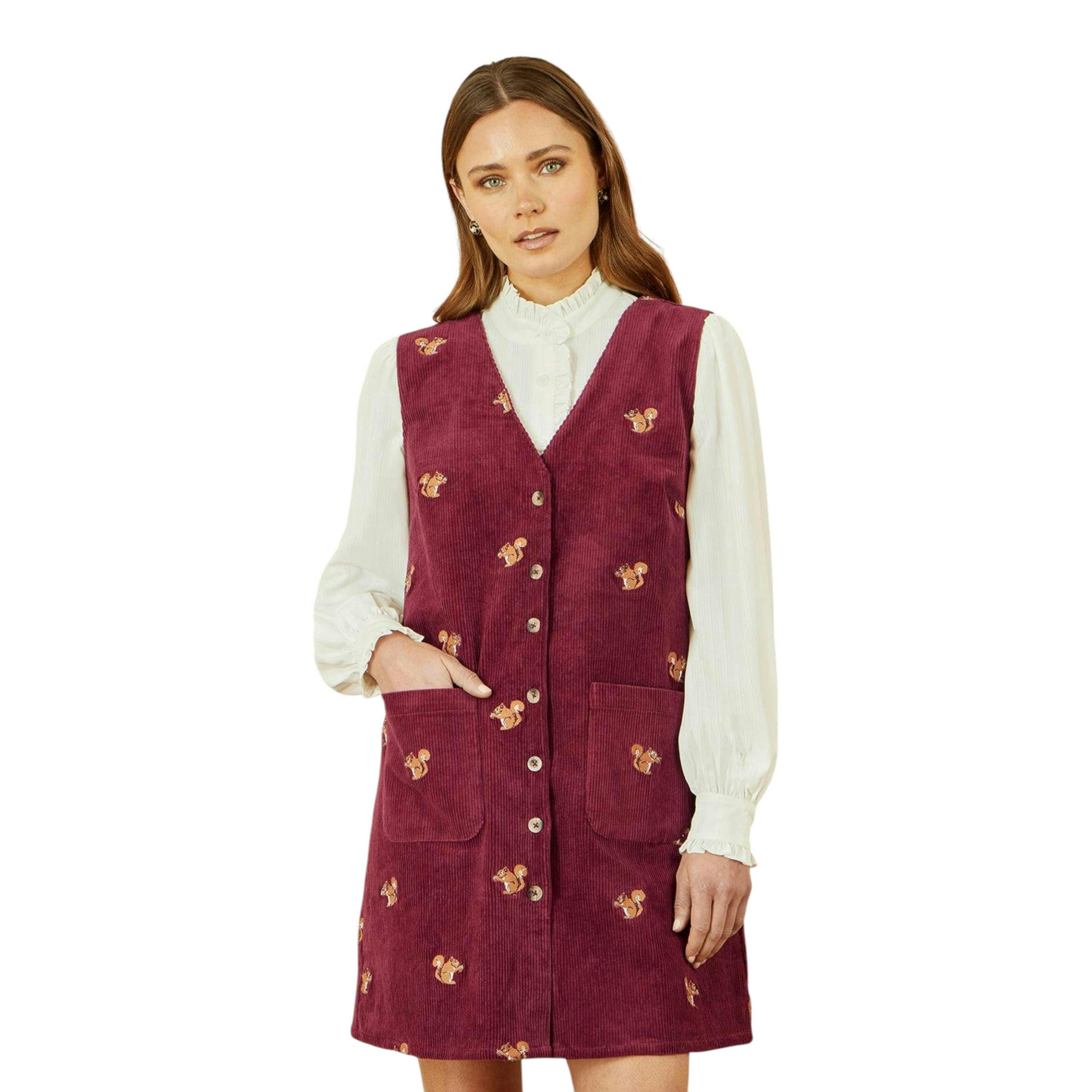 Yumi Burgundy Squirrel Embroidered Button Up Pinafore Dress , view 1 of 5