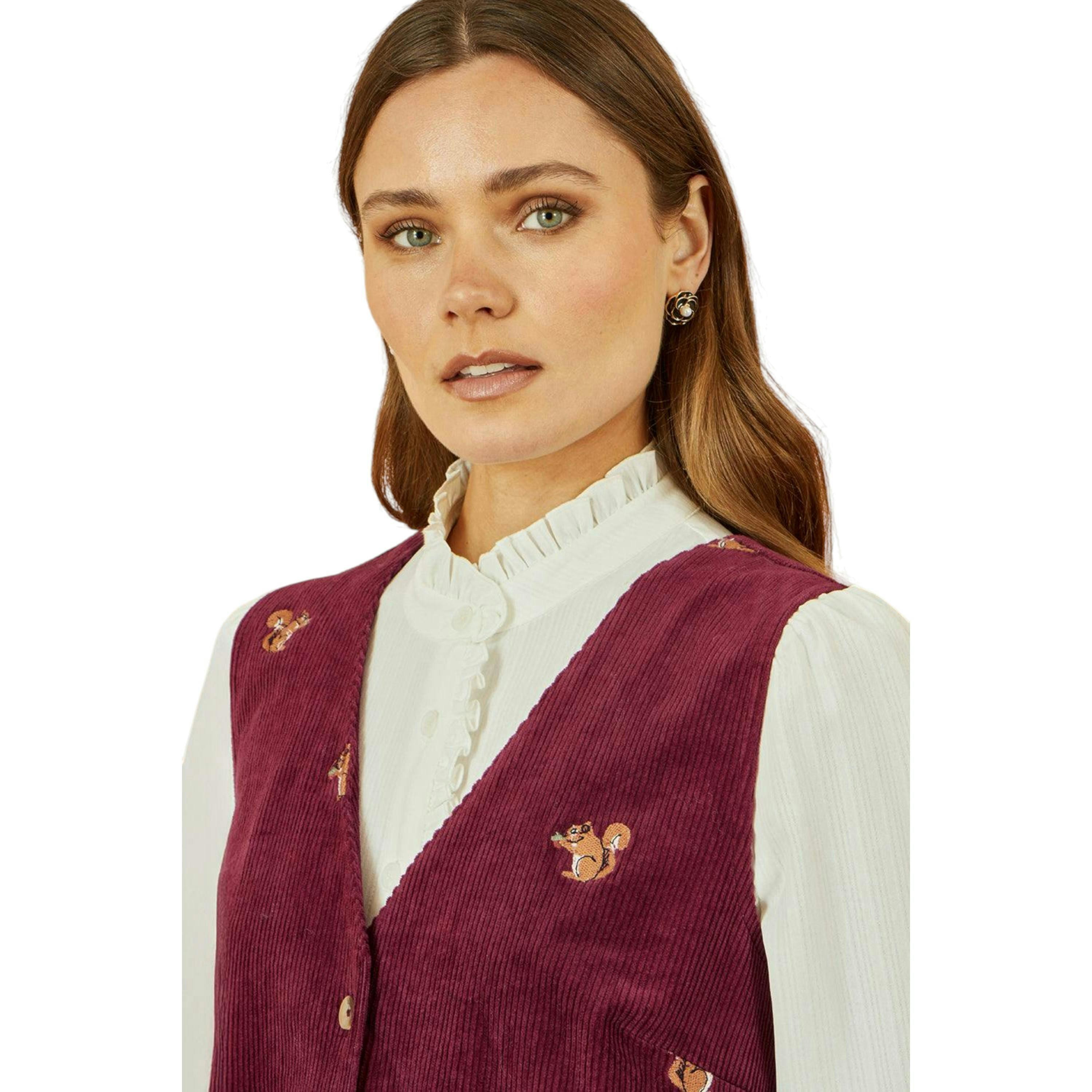 Yumi Burgundy Squirrel Embroidered Button Up Pinafore Dress , view 2 of 5