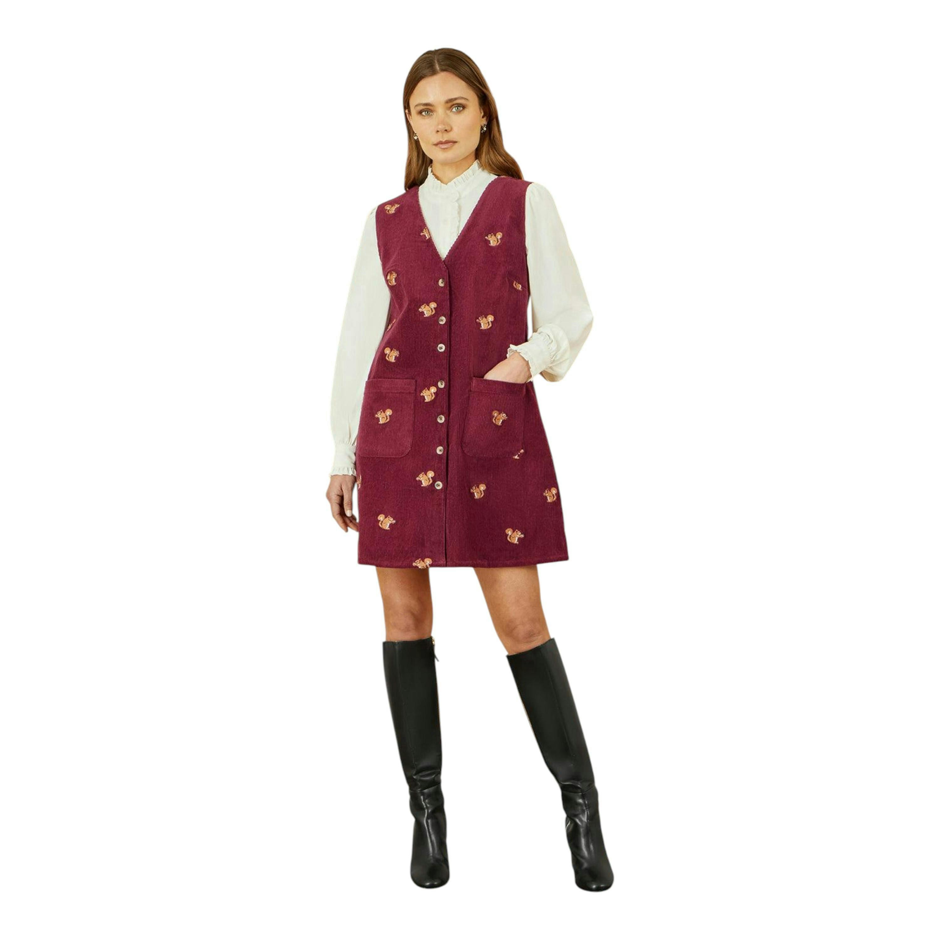 Yumi Burgundy Squirrel Embroidered Button Up Pinafore Dress , view 3 of 5