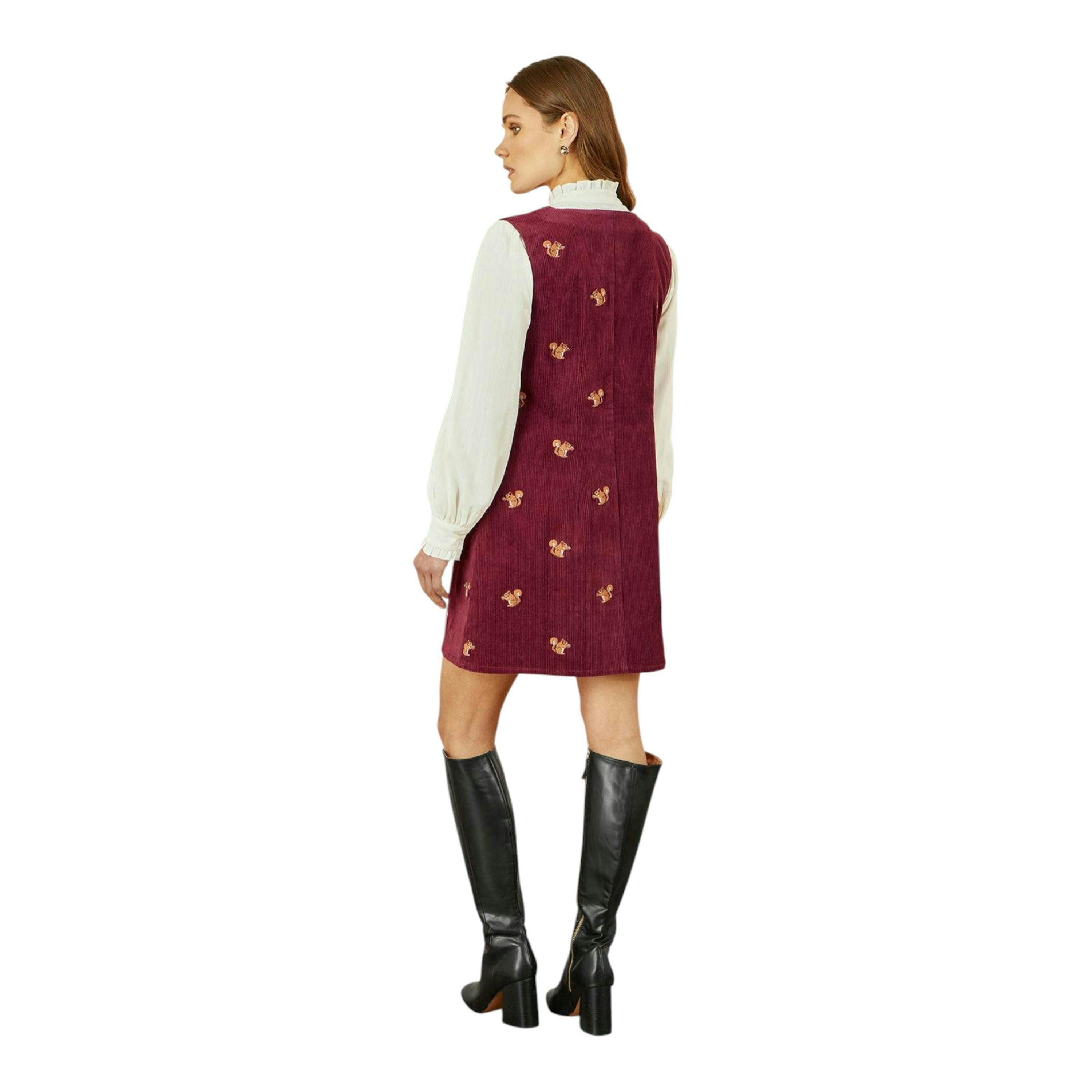 Yumi Burgundy Squirrel Embroidered Button Up Pinafore Dress , view 4 of 5