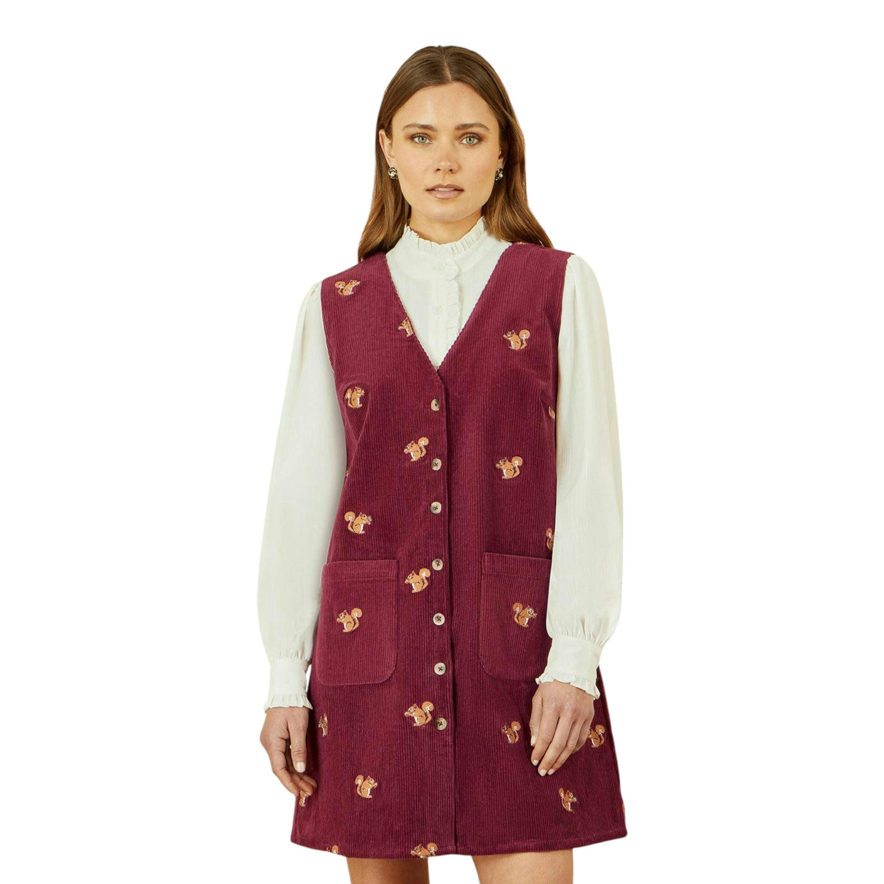 Yumi Burgundy Squirrel Embroidered Button Up Pinafore Dress , view 5 of 5