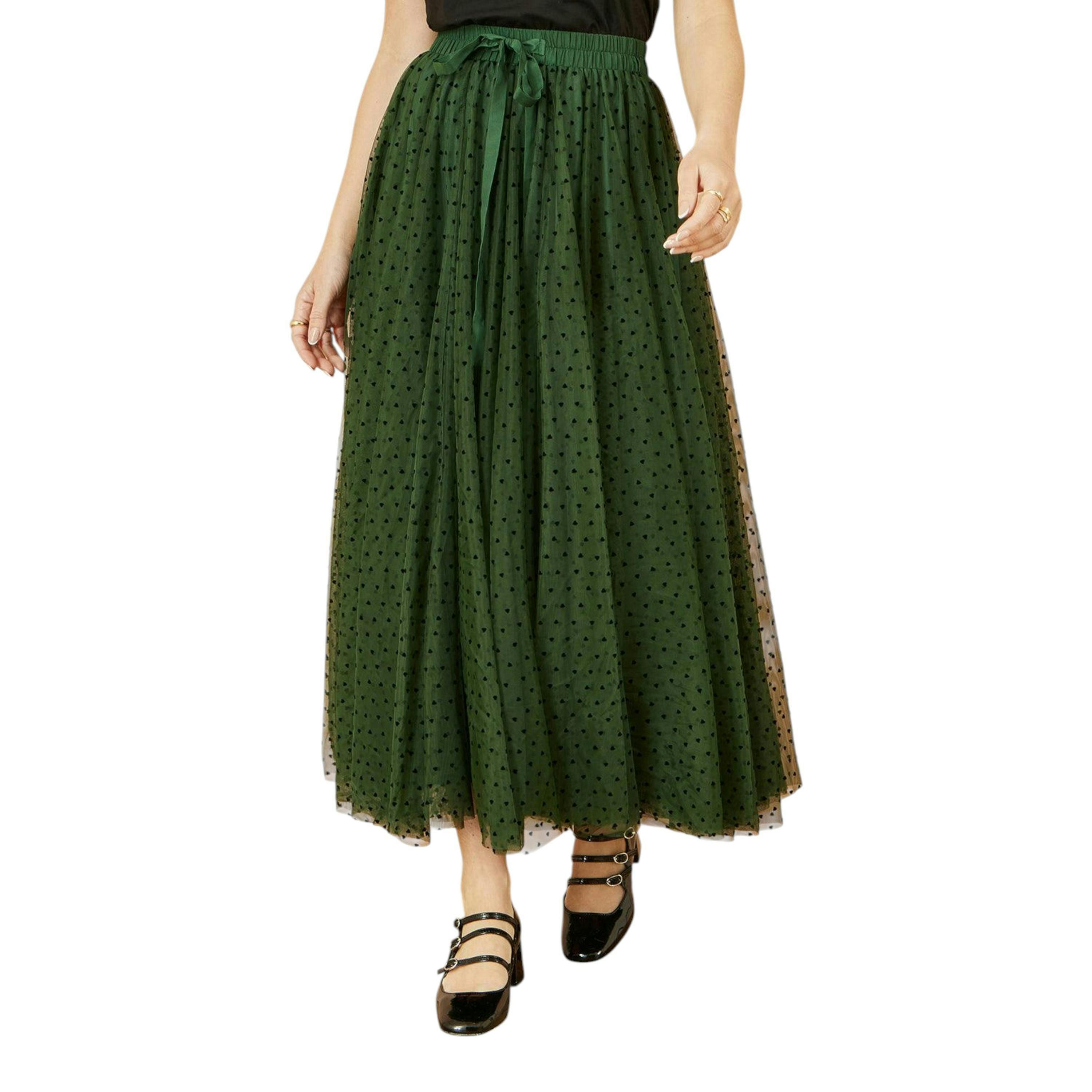 Yumi Green Mesh Heart Print Tulle Skirt , view 3 of 4