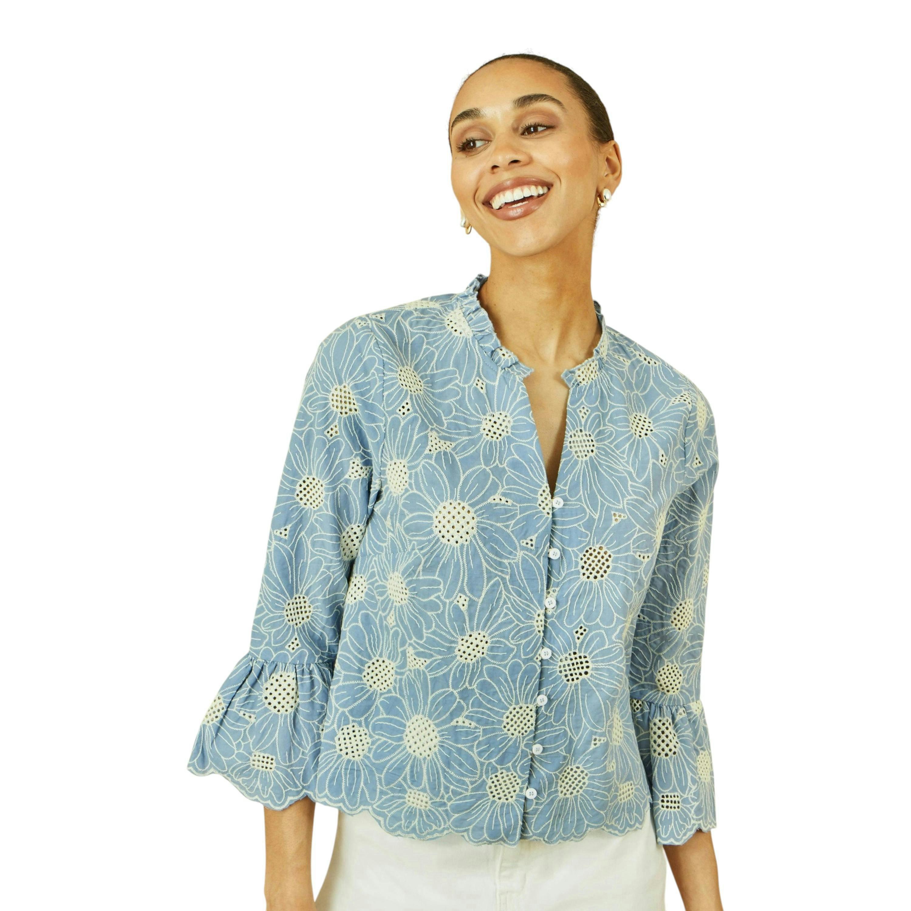 Yumi Blue Daisy Broderie Shirt With Fluted Sleeves , view 1 of 5