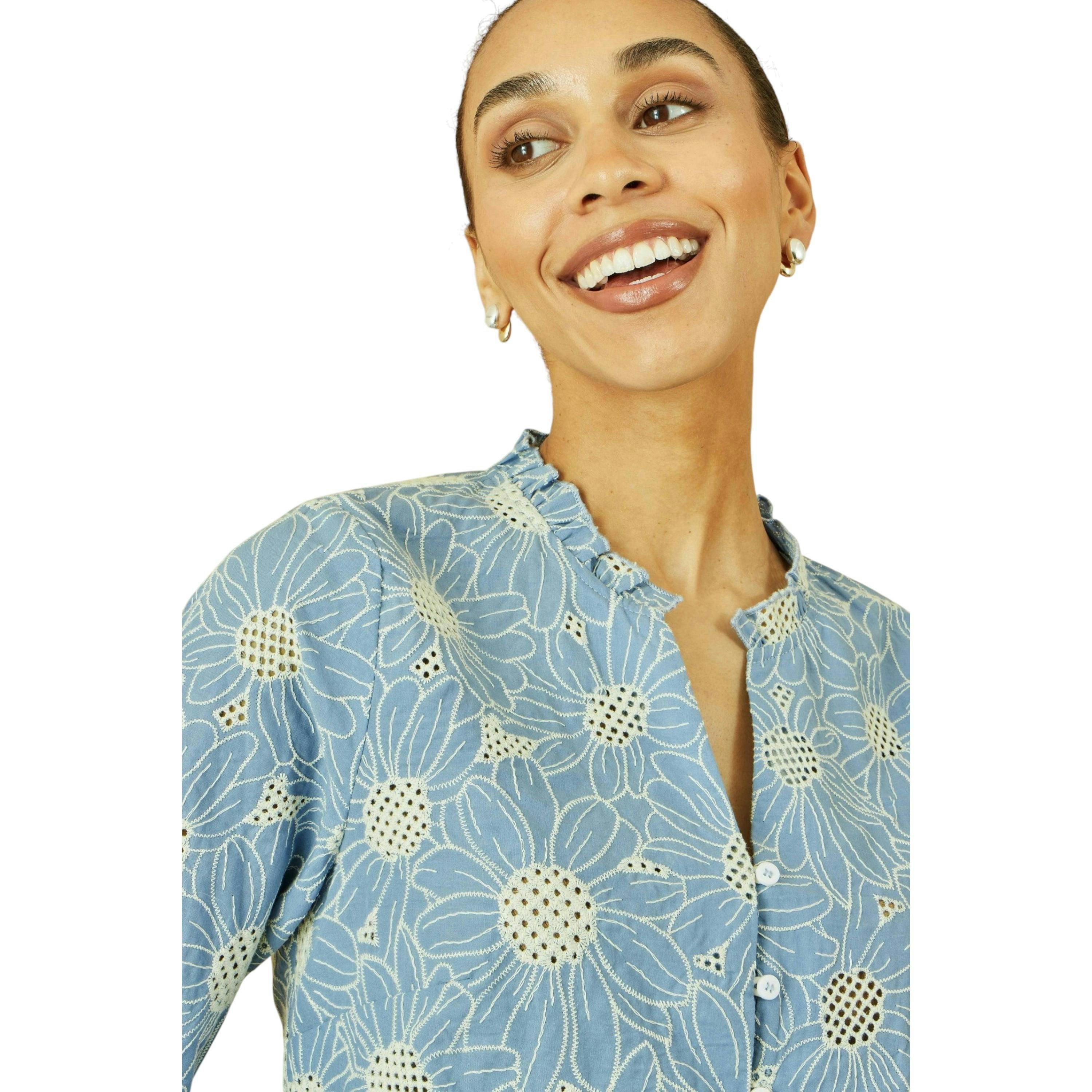 Yumi Blue Daisy Broderie Shirt With Fluted Sleeves , view 2 of 5