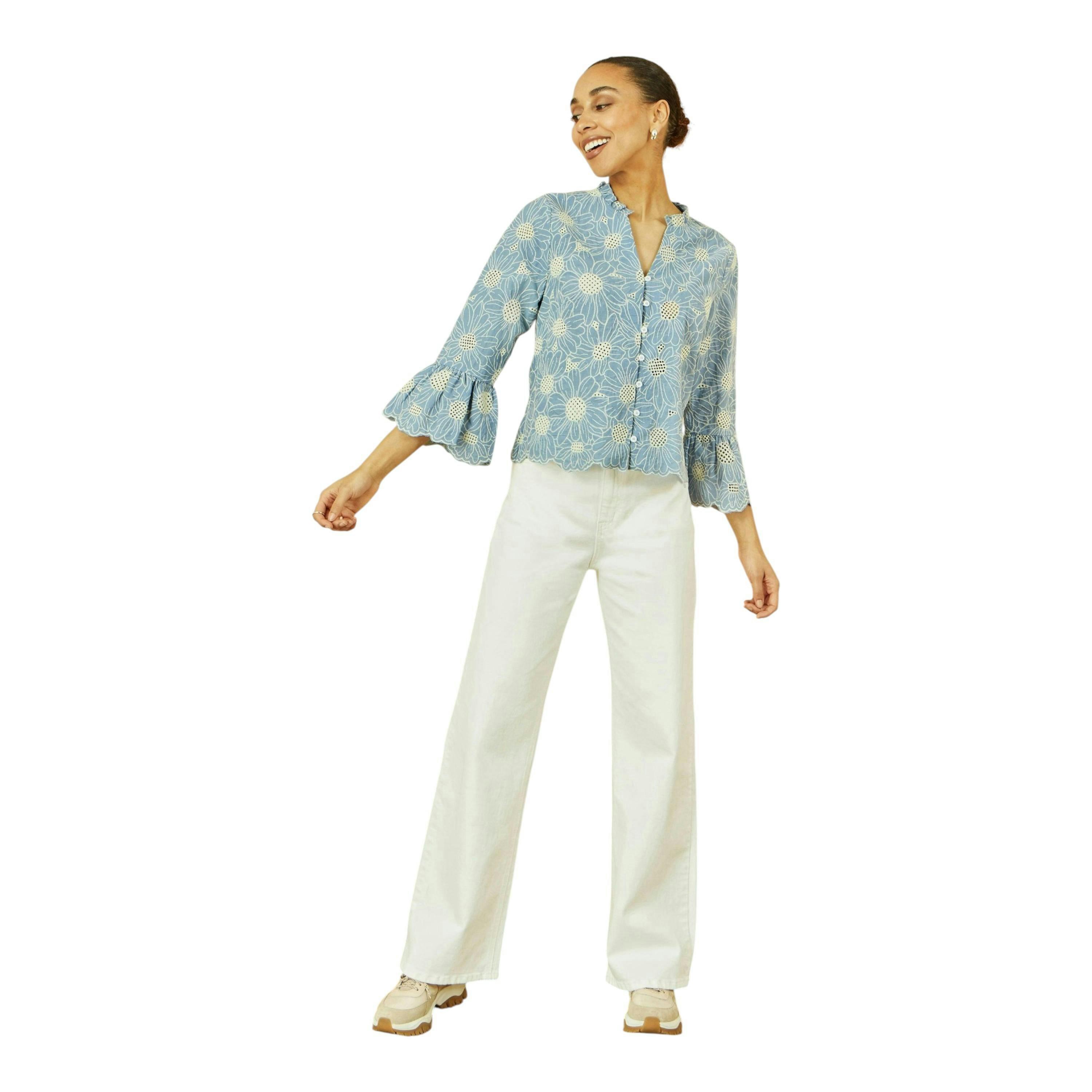 Yumi Blue Daisy Broderie Shirt With Fluted Sleeves , view 3 of 5