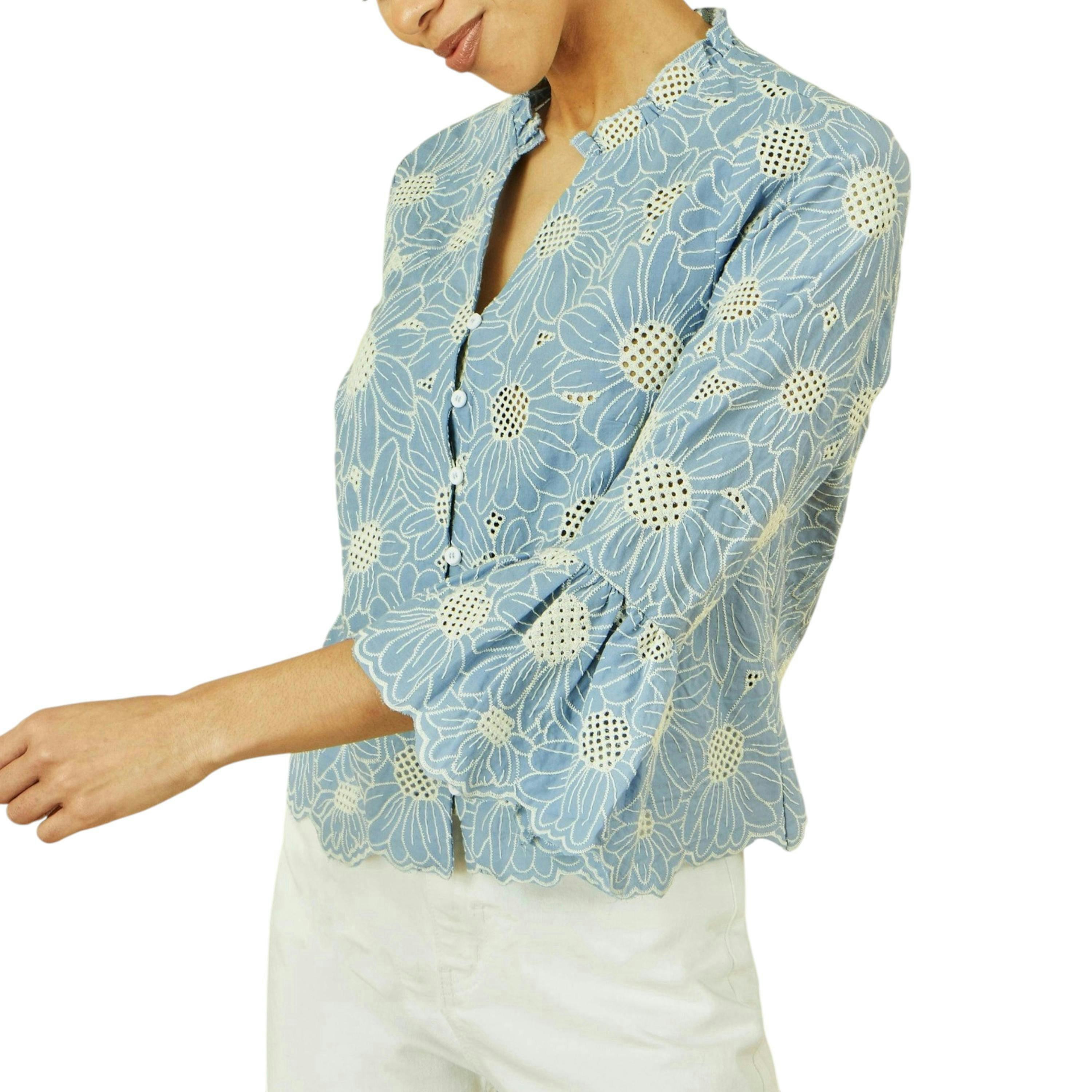 Yumi Blue Daisy Broderie Shirt With Fluted Sleeves , view 4 of 5
