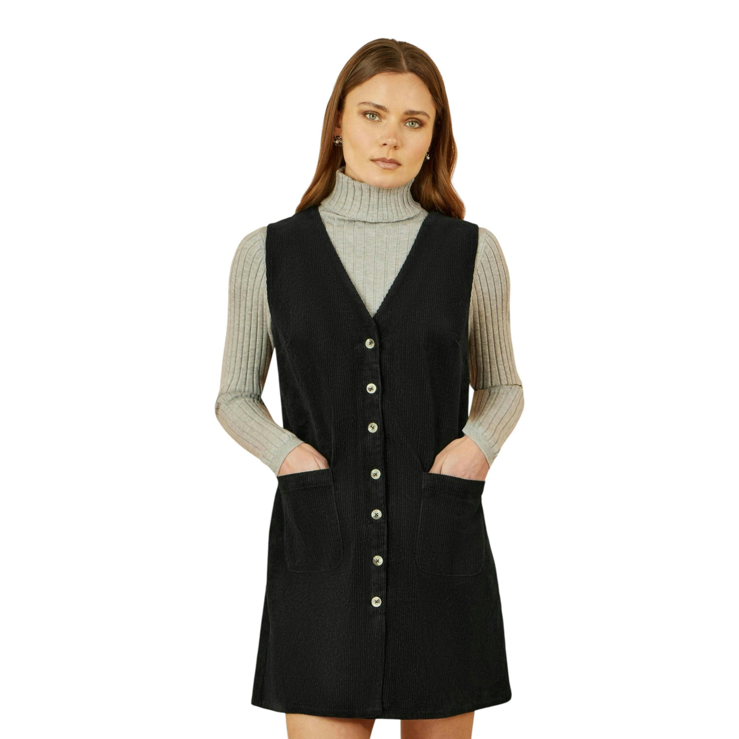Yumi Black Cord Button Through Pinafore Dress With Pockets , view 1 of 4