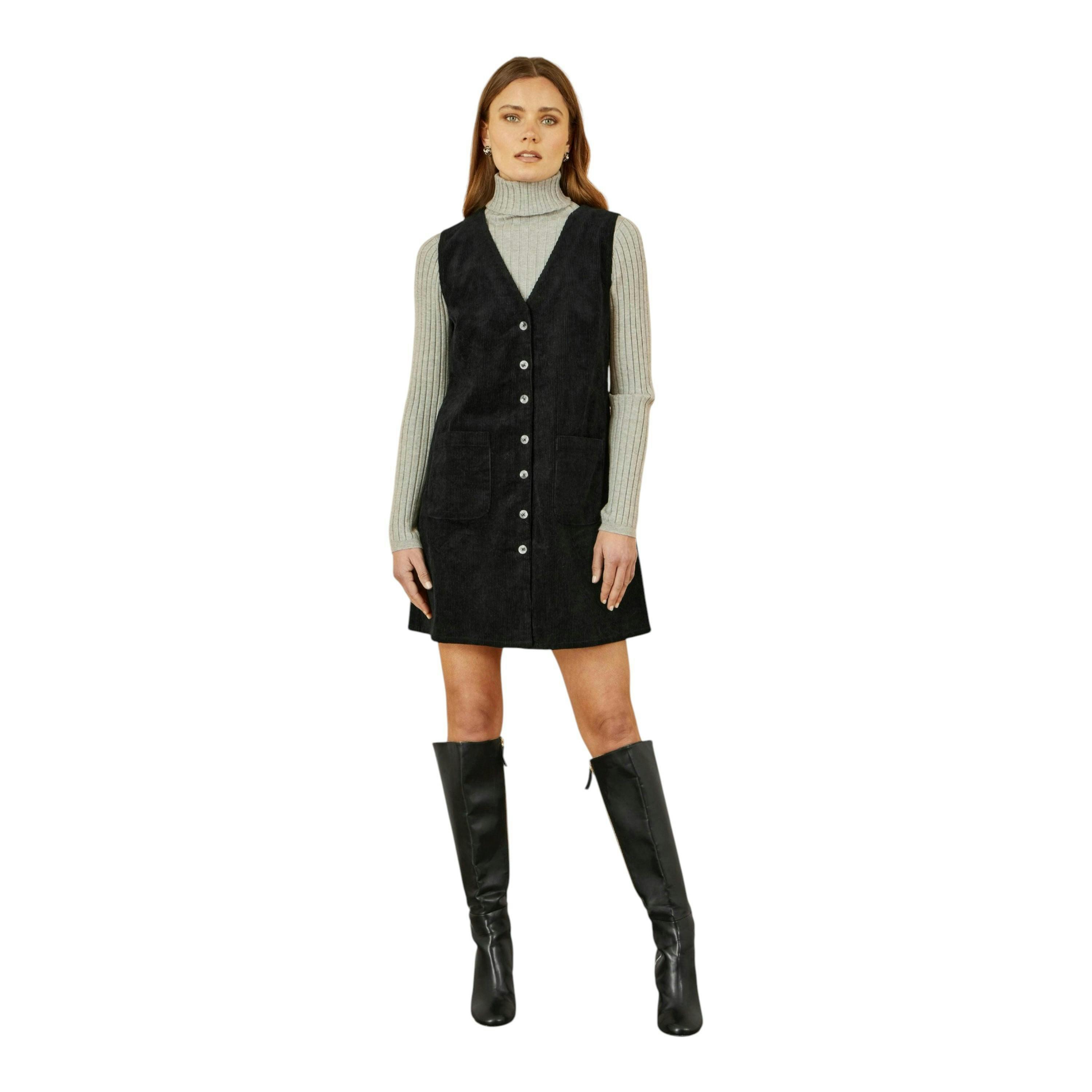 Yumi Black Cord Button Through Pinafore Dress With Pockets , view 2 of 4