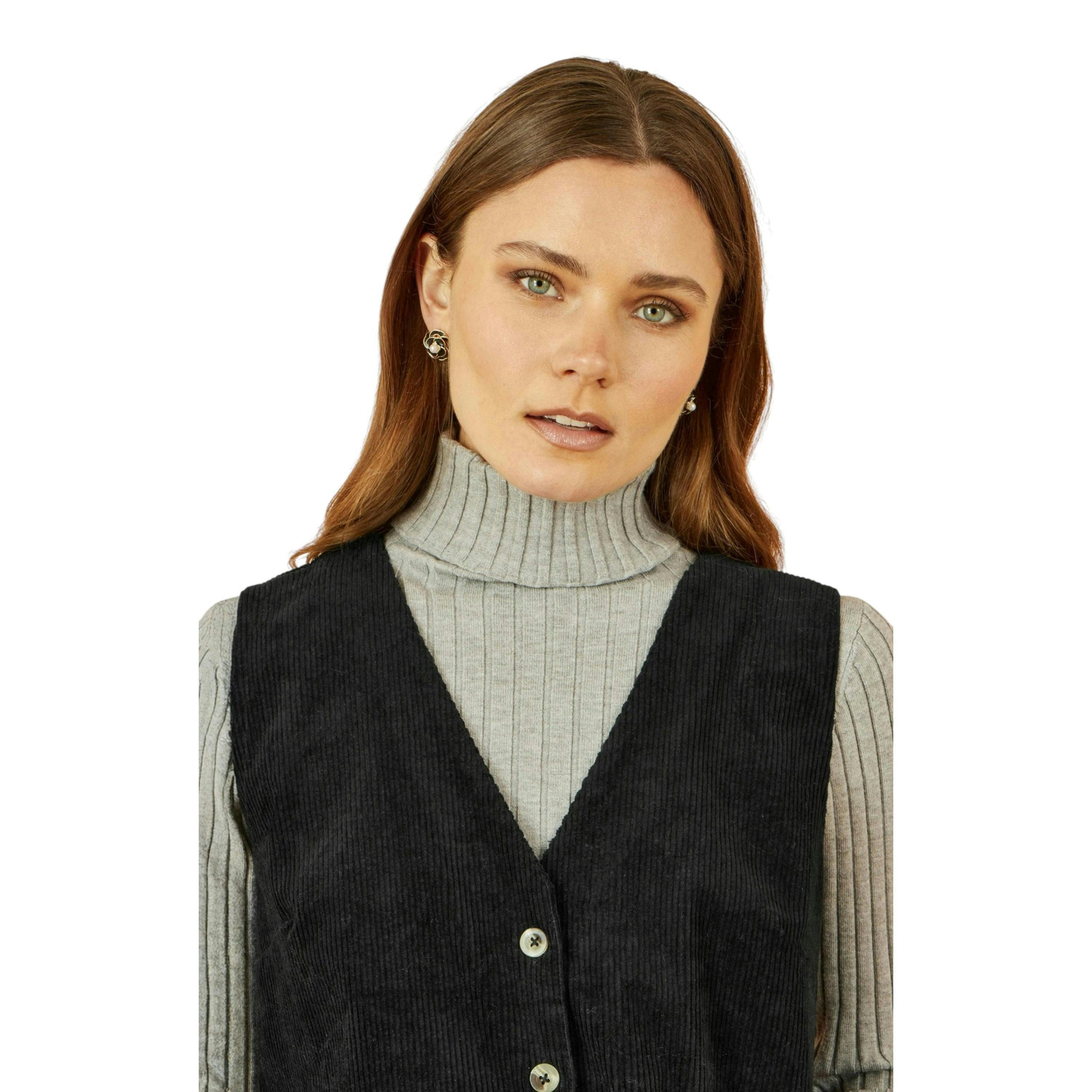 Yumi Black Cord Button Through Pinafore Dress With Pockets , view 3 of 4
