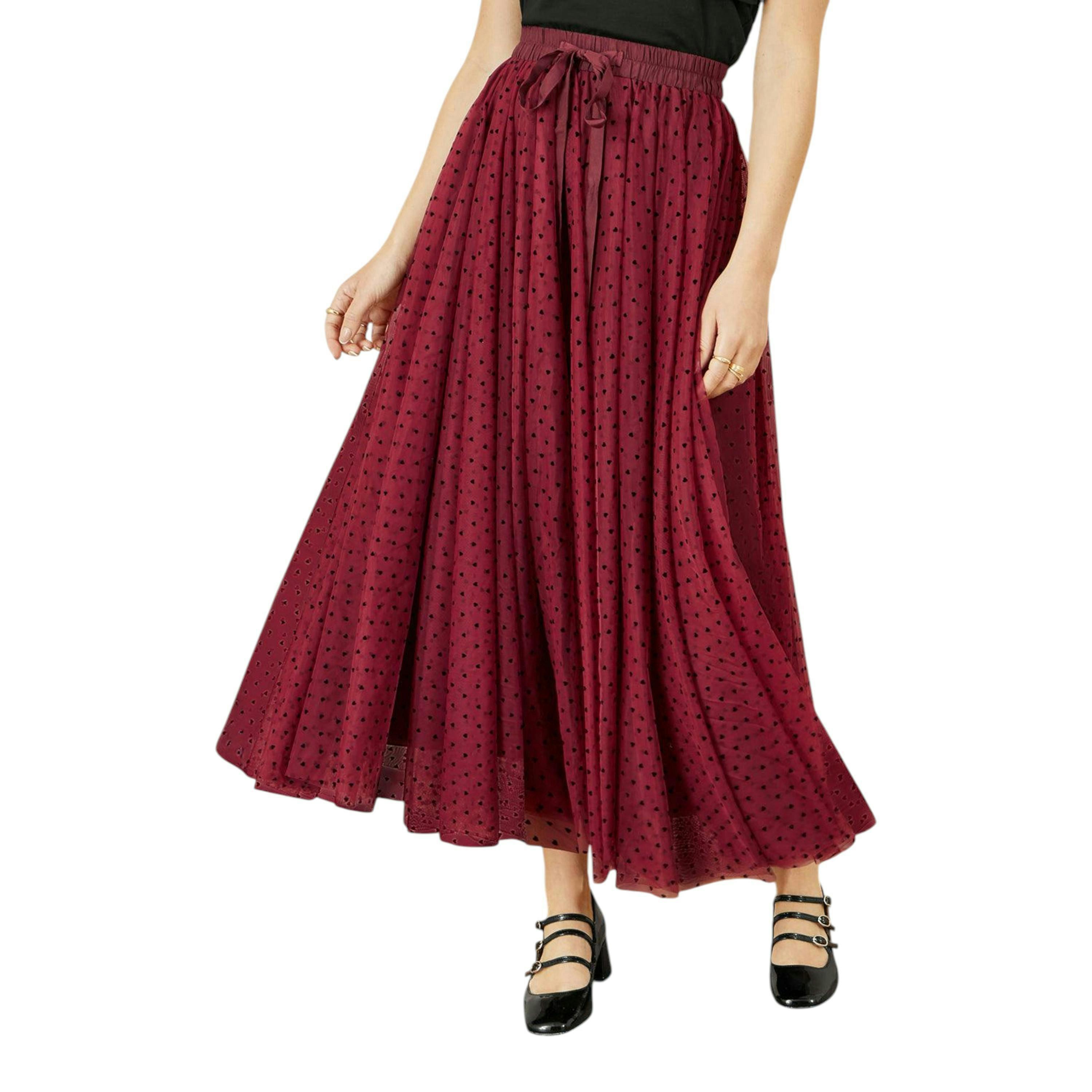 Yumi Burgundy Mesh Heart Print Tulle Skirt , view 1 of 2