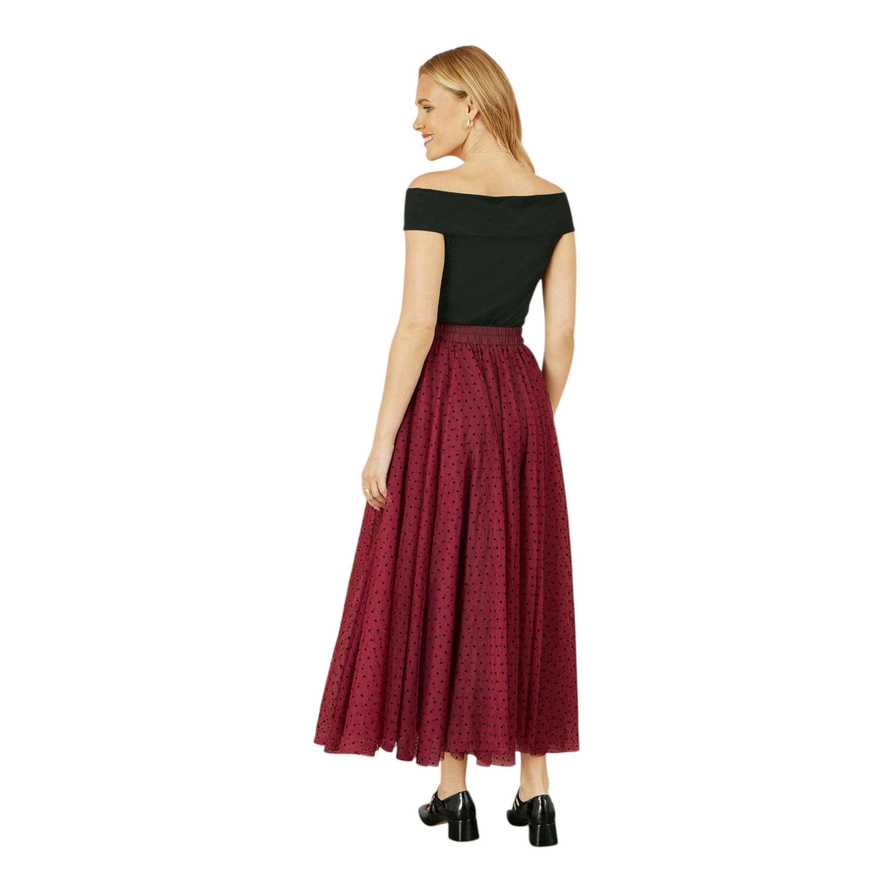 Yumi Burgundy Mesh Heart Print Tulle Skirt , view 2 of 2