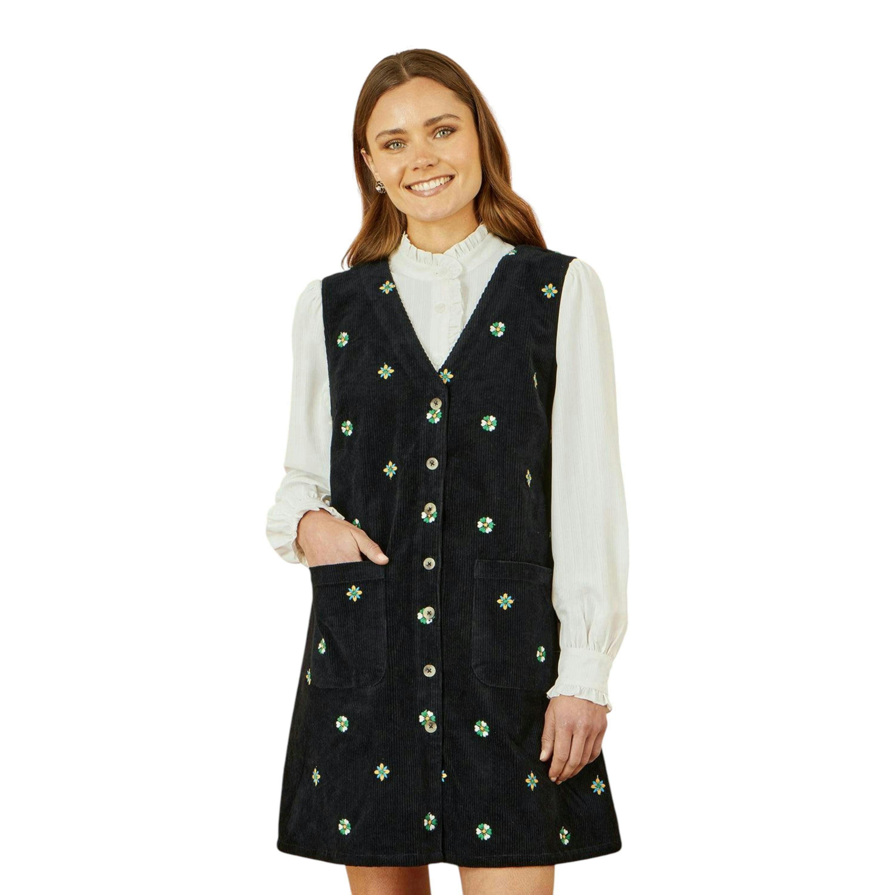 Yumi Black Flower Embroidered Button Up Pinafore Dress , view 1 of 5