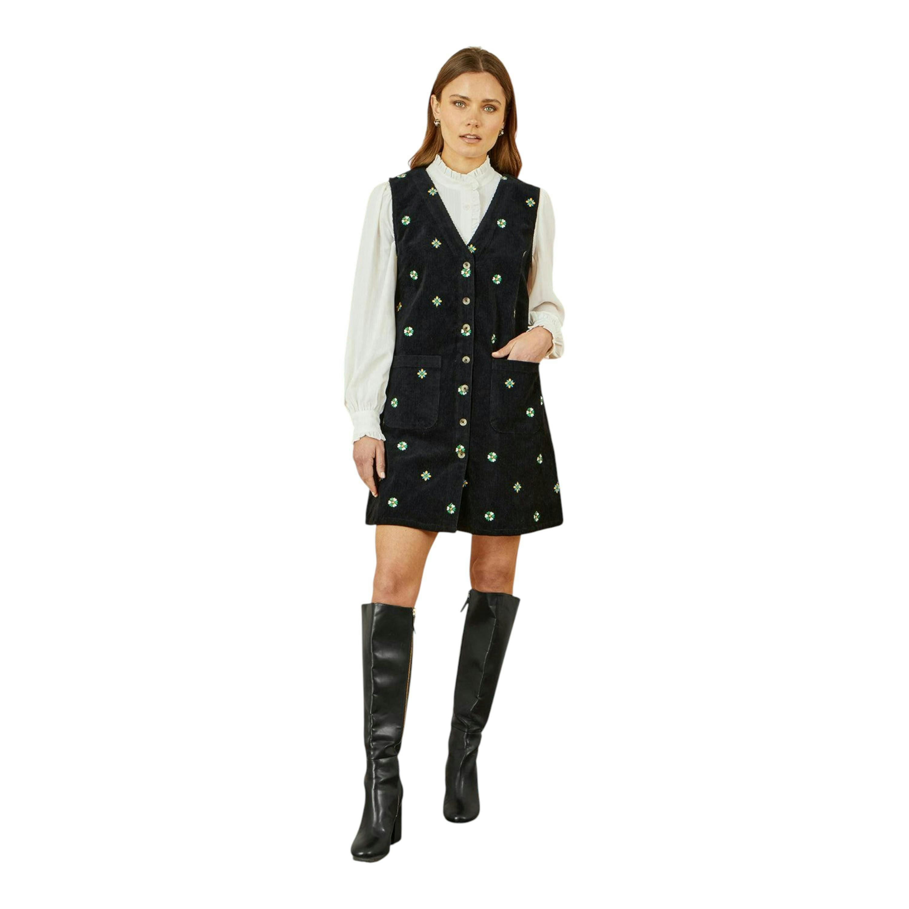 Yumi Black Flower Embroidered Button Up Pinafore Dress , view 2 of 5