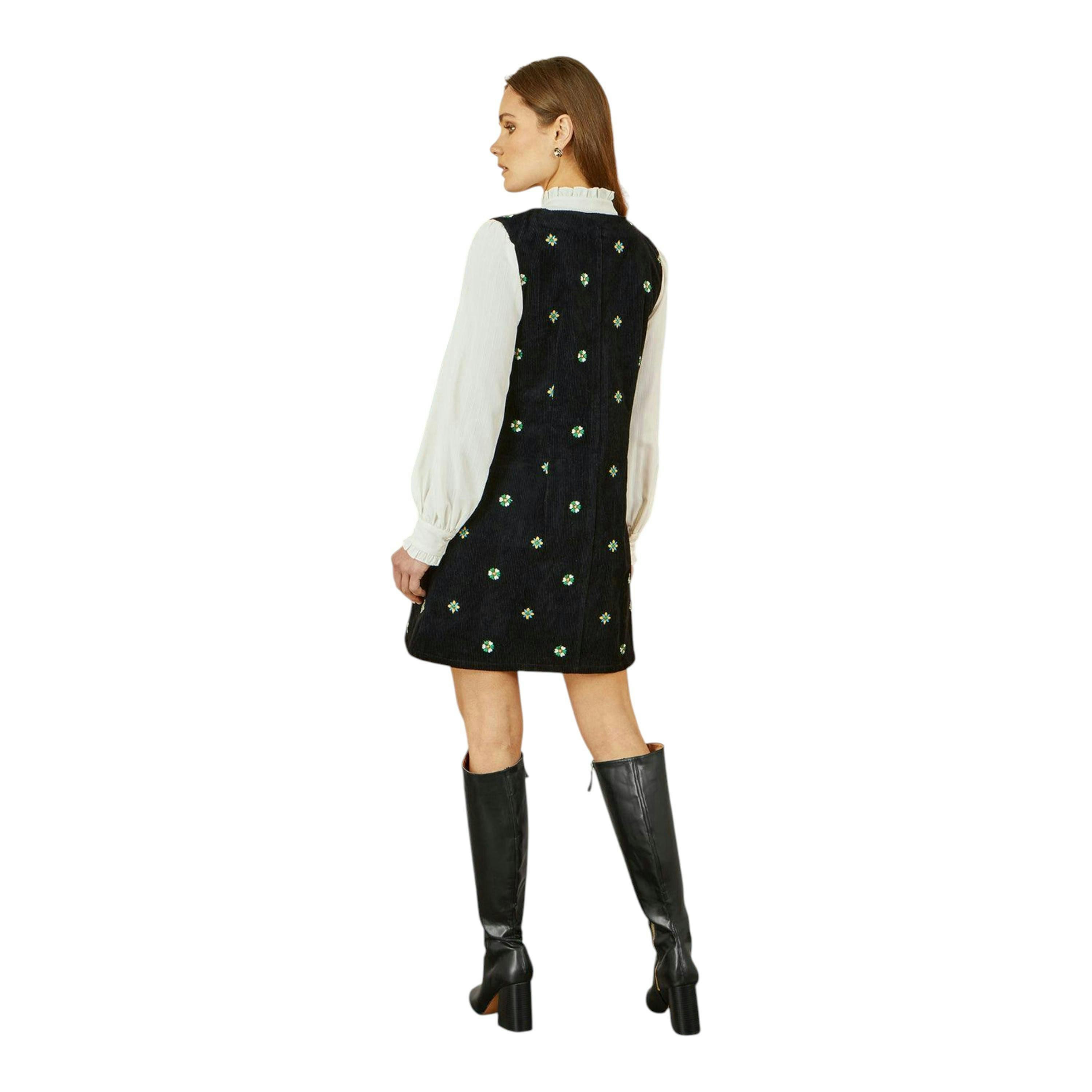 Yumi Black Flower Embroidered Button Up Pinafore Dress , view 4 of 5