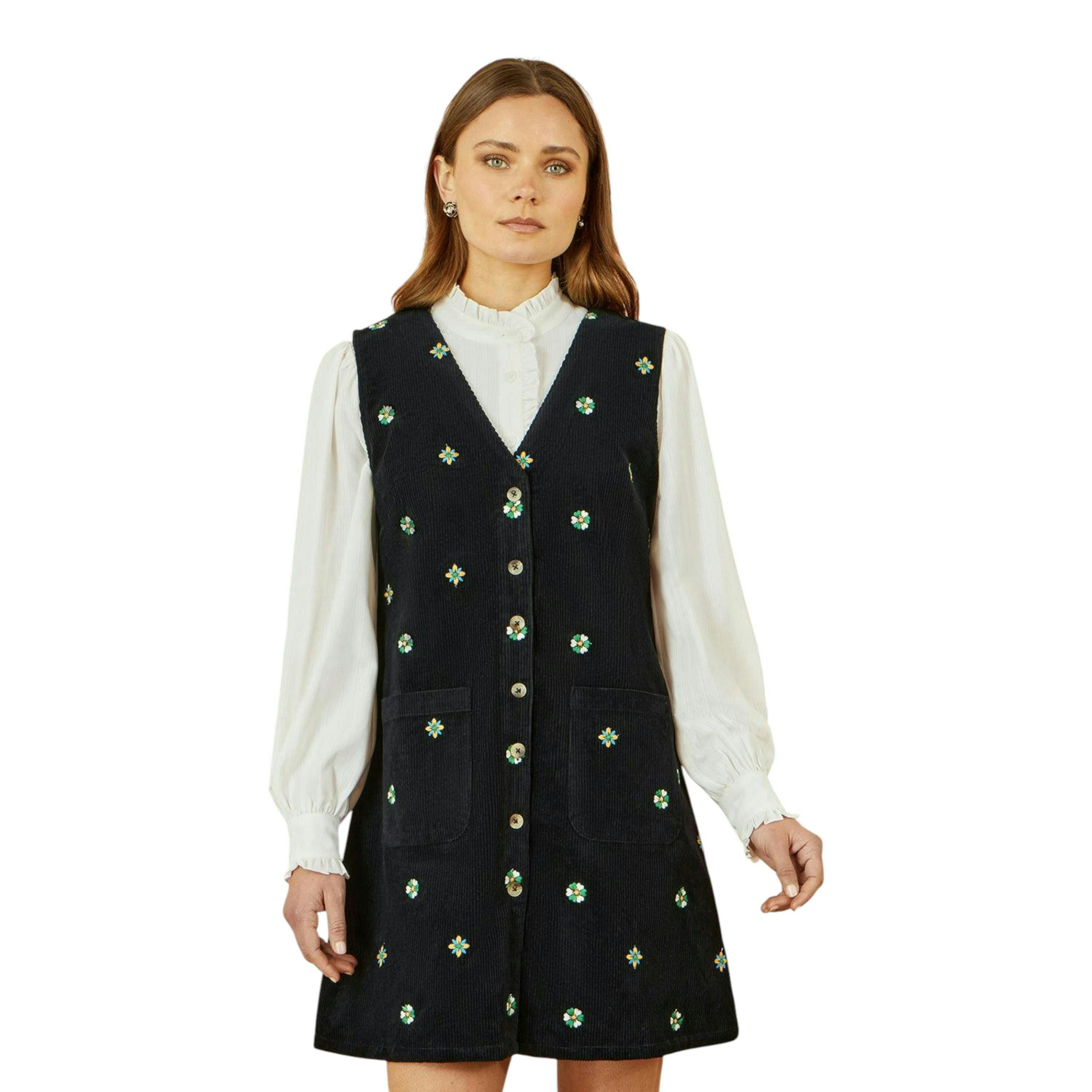 Yumi Black Flower Embroidered Button Up Pinafore Dress , view 5 of 5