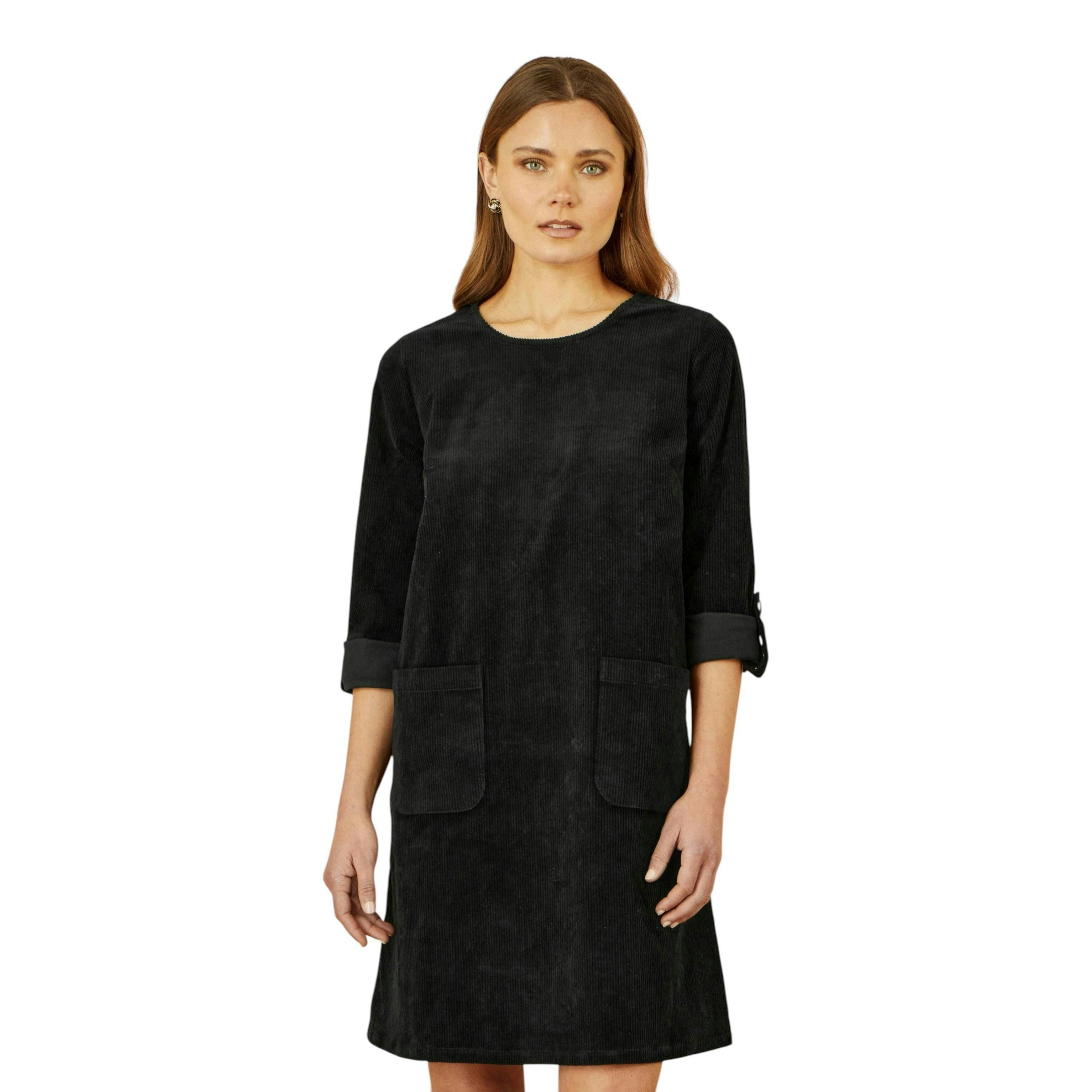Yumi Black Cord Tunic Dress With 3/4 Sleeves And Pockets , view 1 of 5