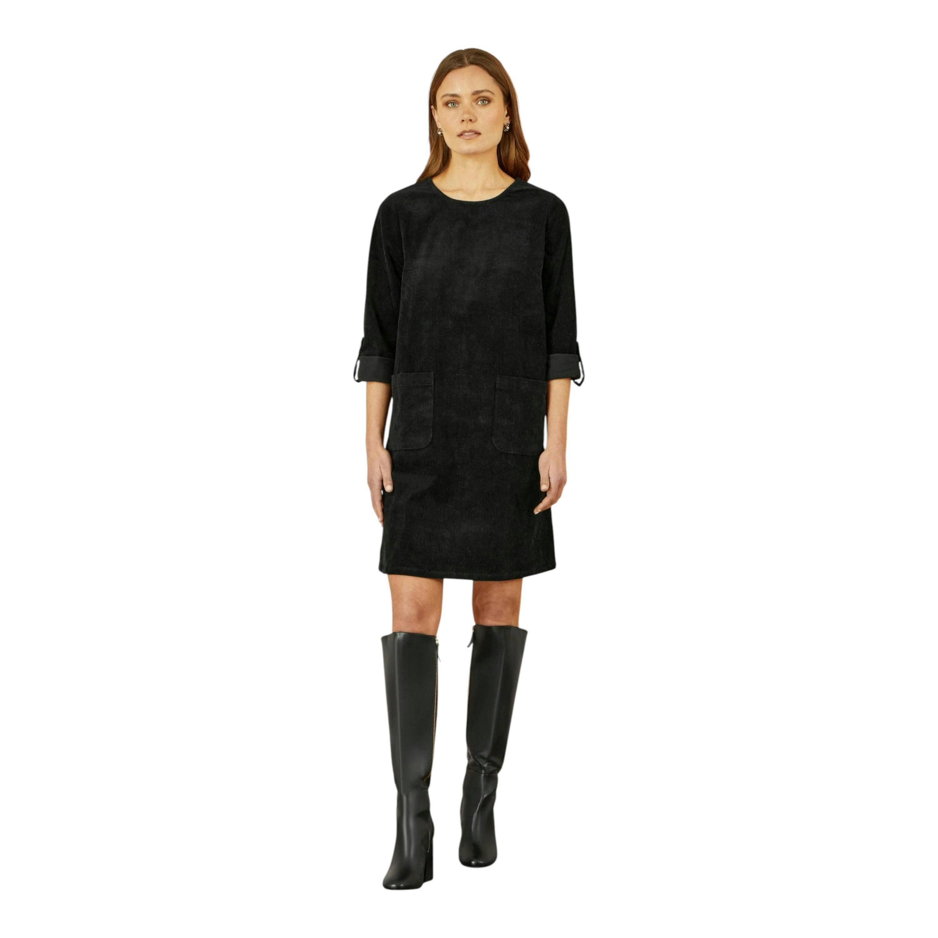 Yumi Black Cord Tunic Dress With 3/4 Sleeves And Pockets , view 2 of 5