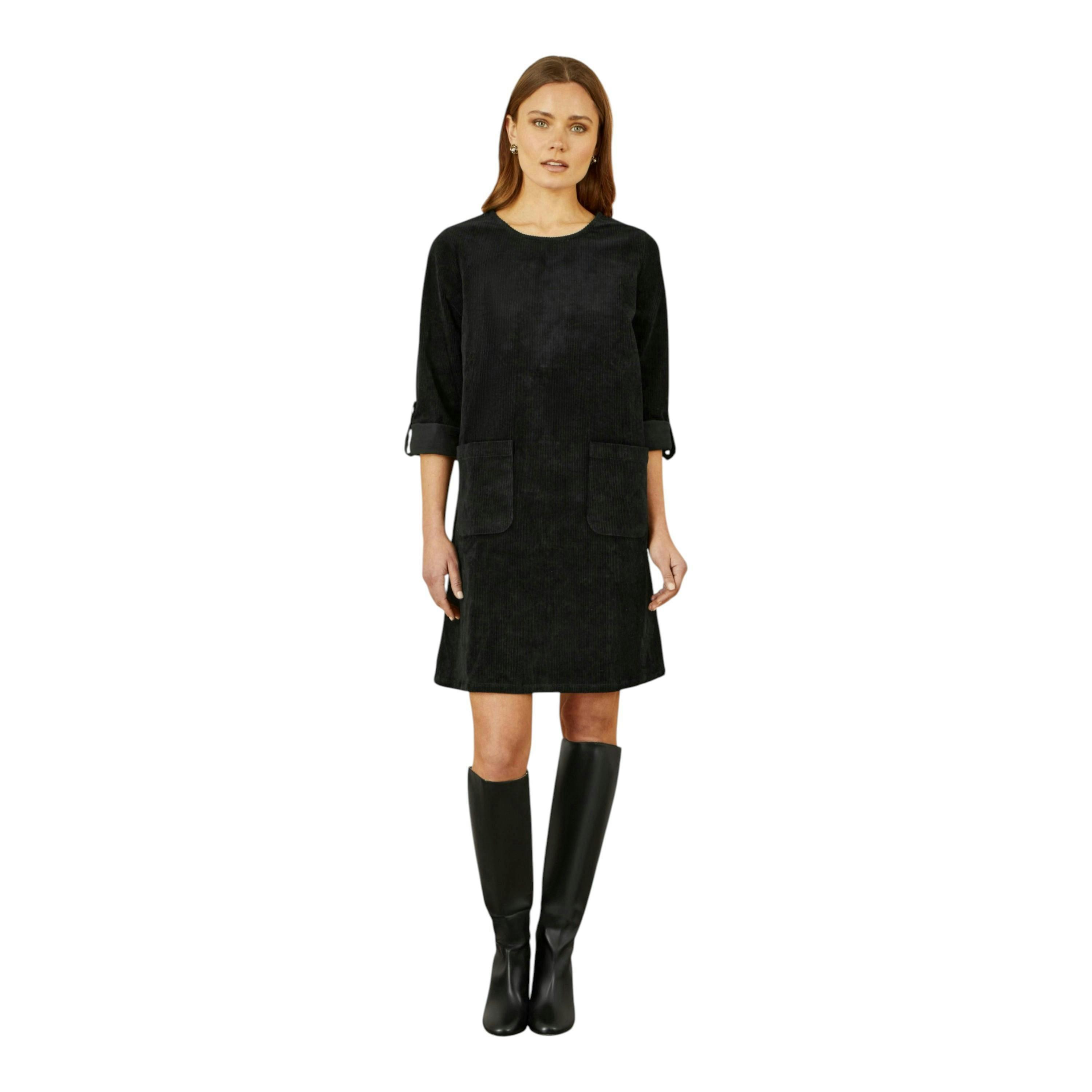 Yumi Black Cord Tunic Dress With 3/4 Sleeves And Pockets , view 4 of 5
