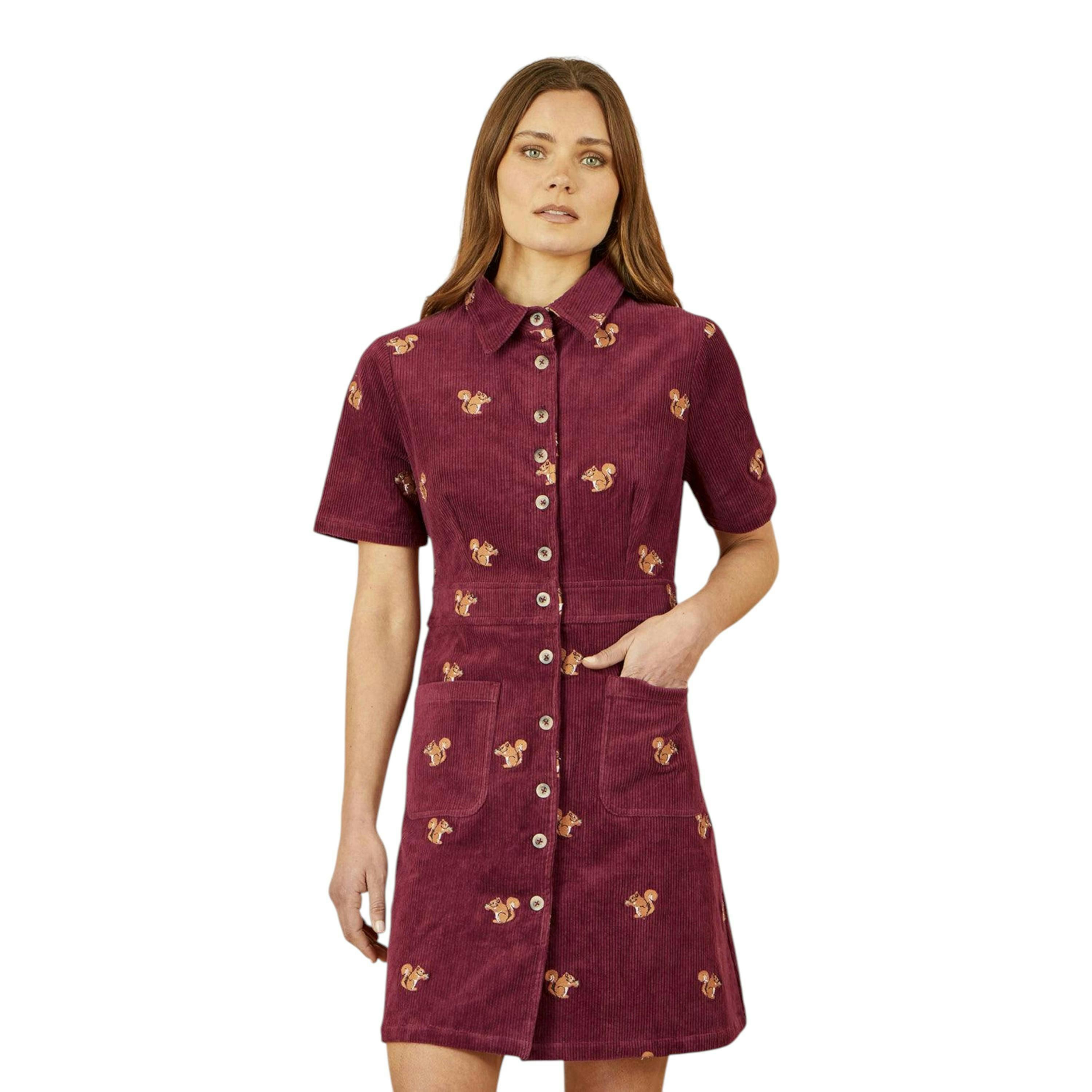 Yumi Burgundy Cord Shirt Dress With All Over Squirrel Embroidery , view 1 of 6