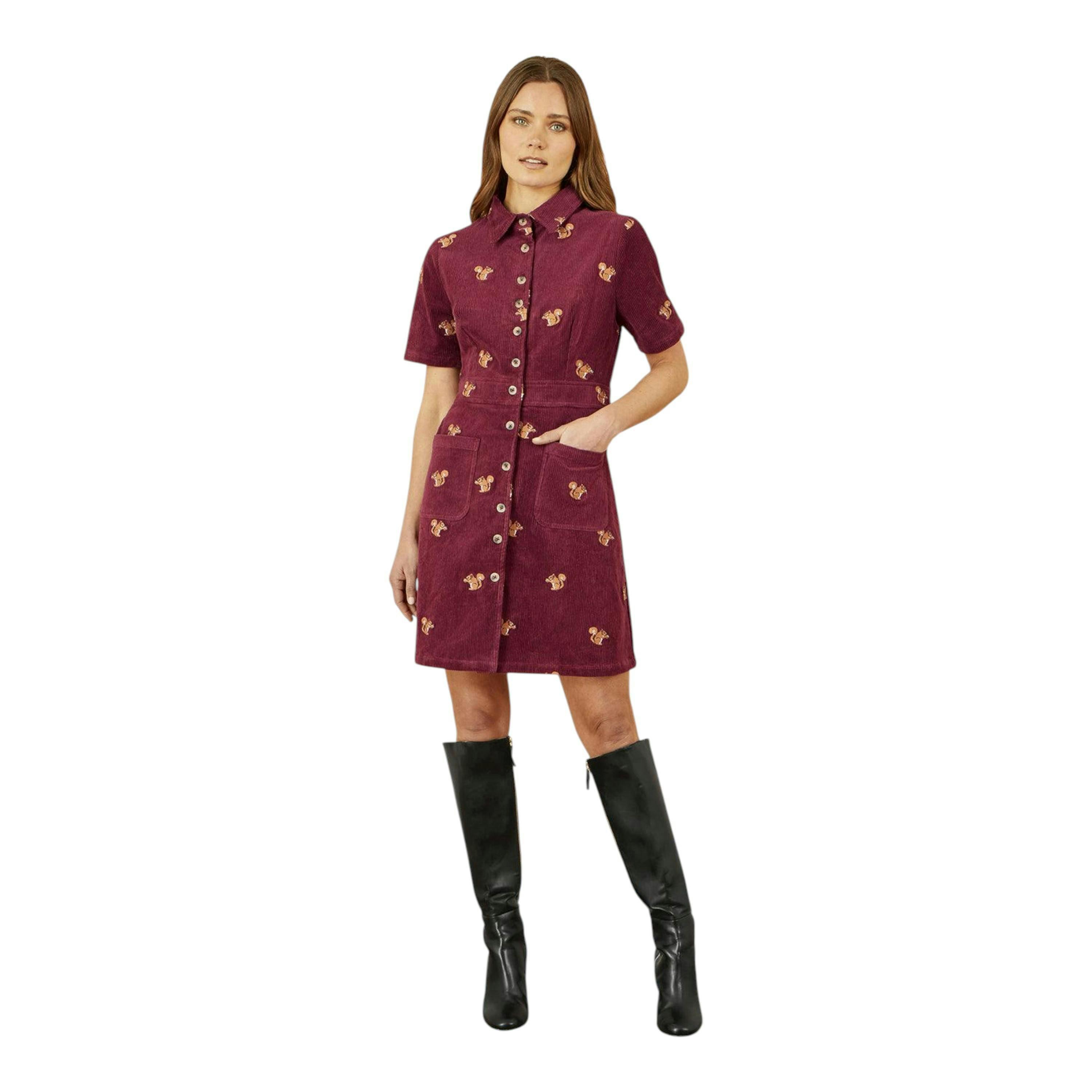 Yumi Burgundy Cord Shirt Dress With All Over Squirrel Embroidery , view 2 of 6