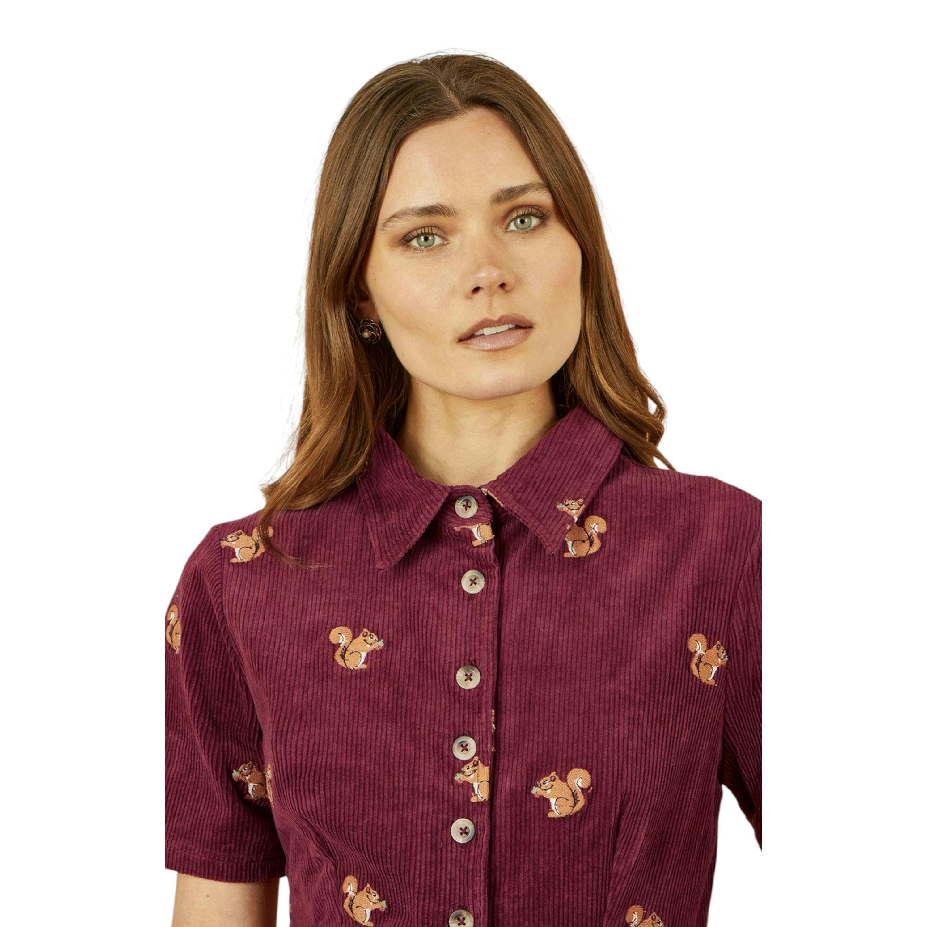 Yumi Burgundy Cord Shirt Dress With All Over Squirrel Embroidery , view 3 of 6