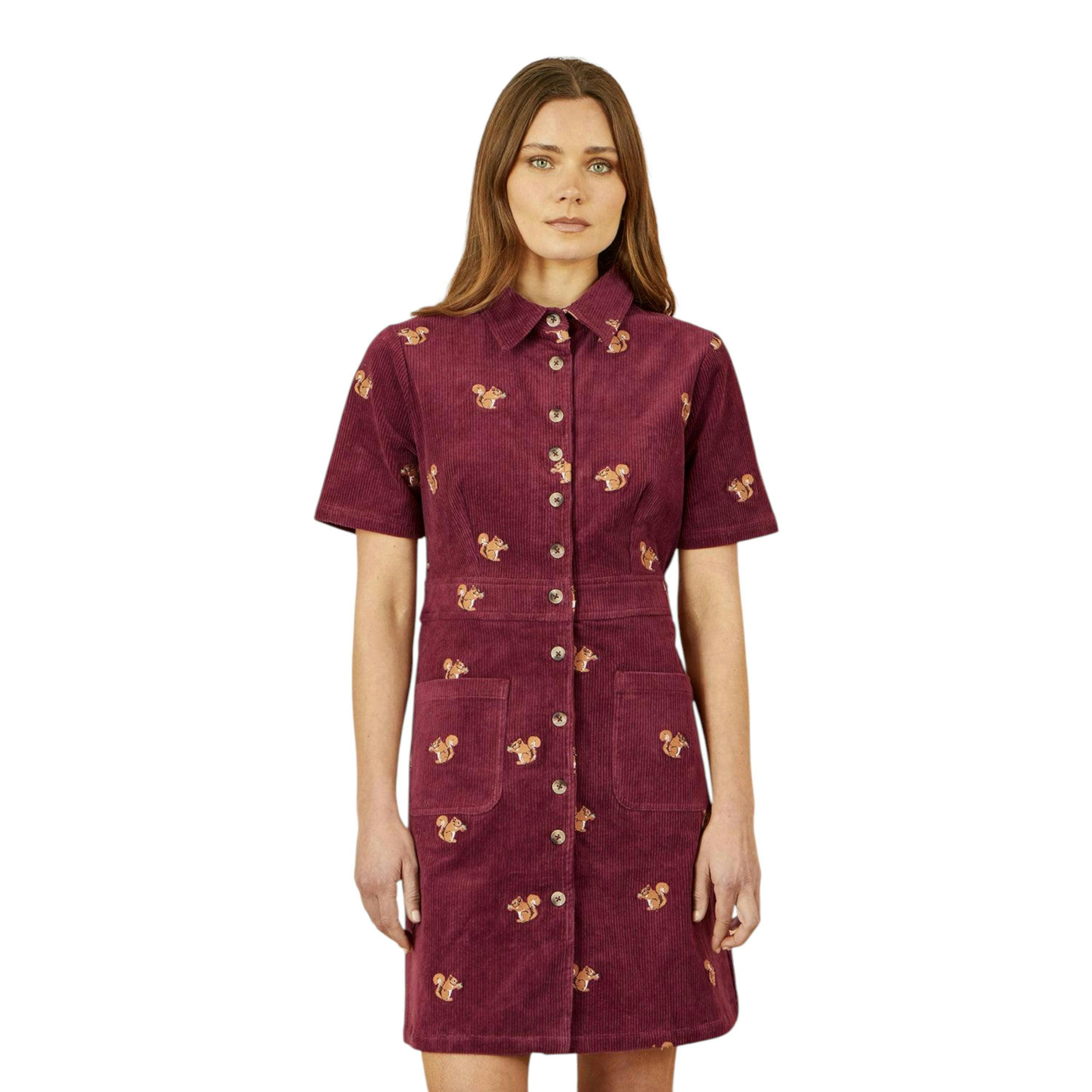 Yumi Burgundy Cord Shirt Dress With All Over Squirrel Embroidery , view 4 of 6