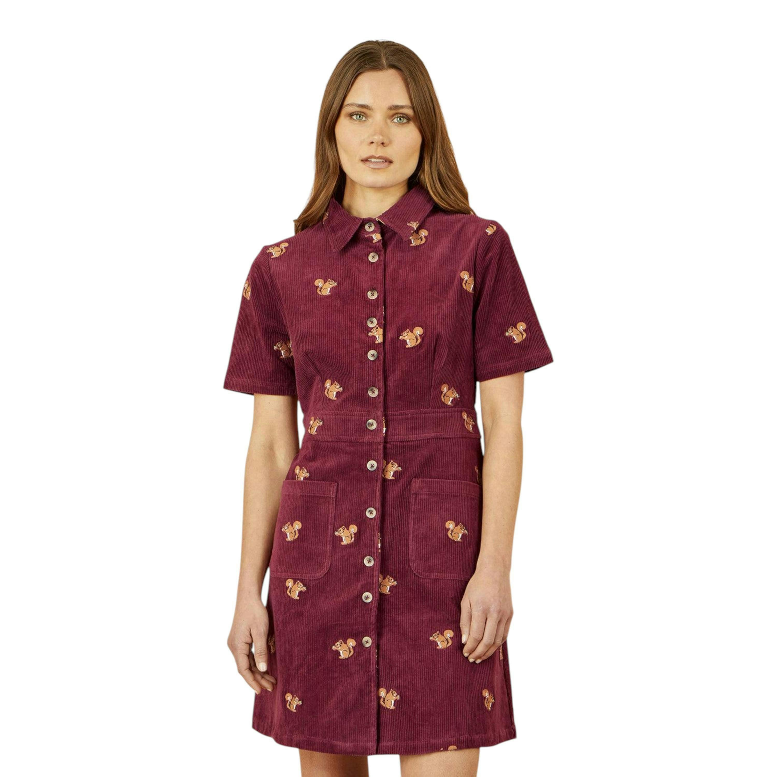 Yumi Burgundy Cord Shirt Dress With All Over Squirrel Embroidery , view 5 of 6