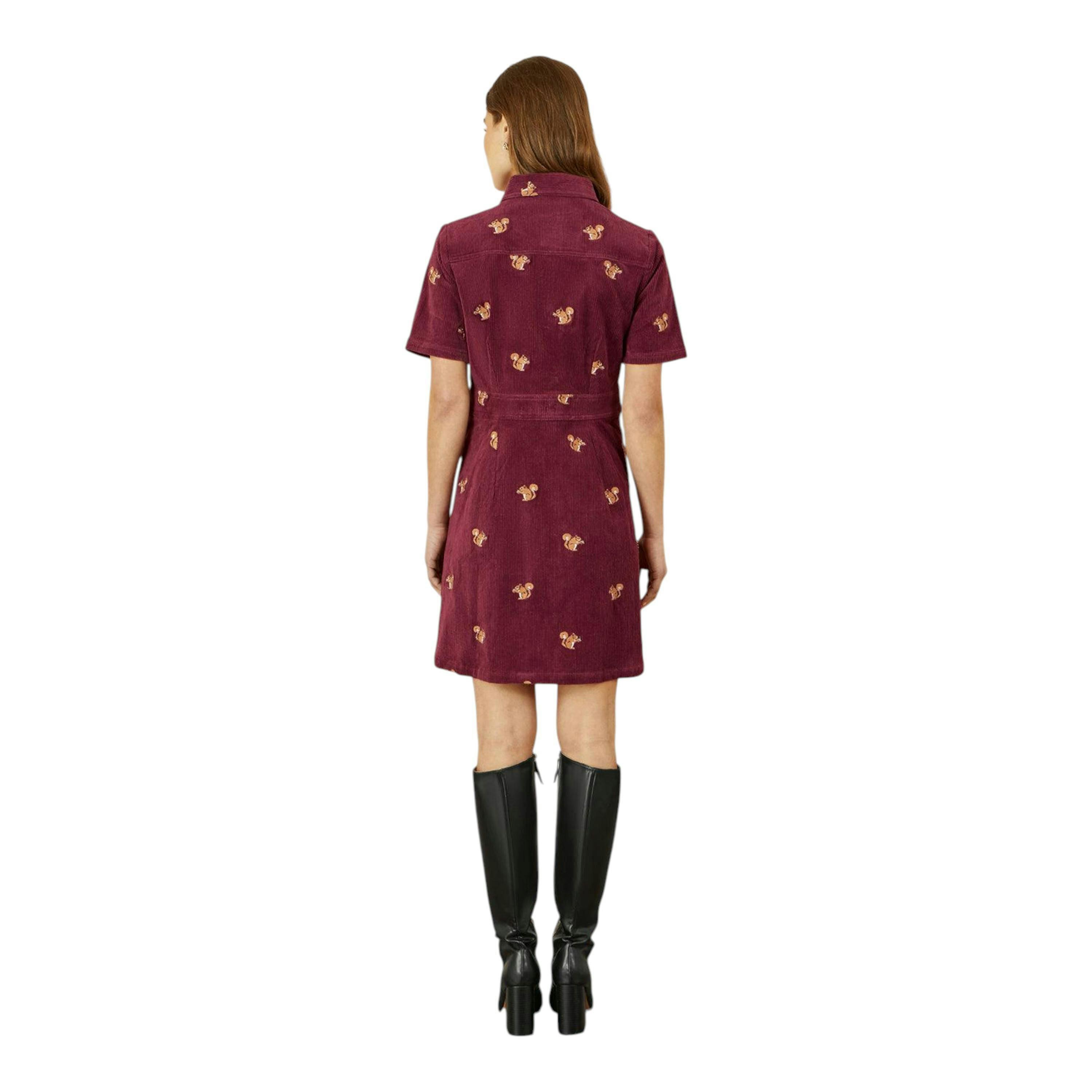 Yumi Burgundy Cord Shirt Dress With All Over Squirrel Embroidery , view 6 of 6