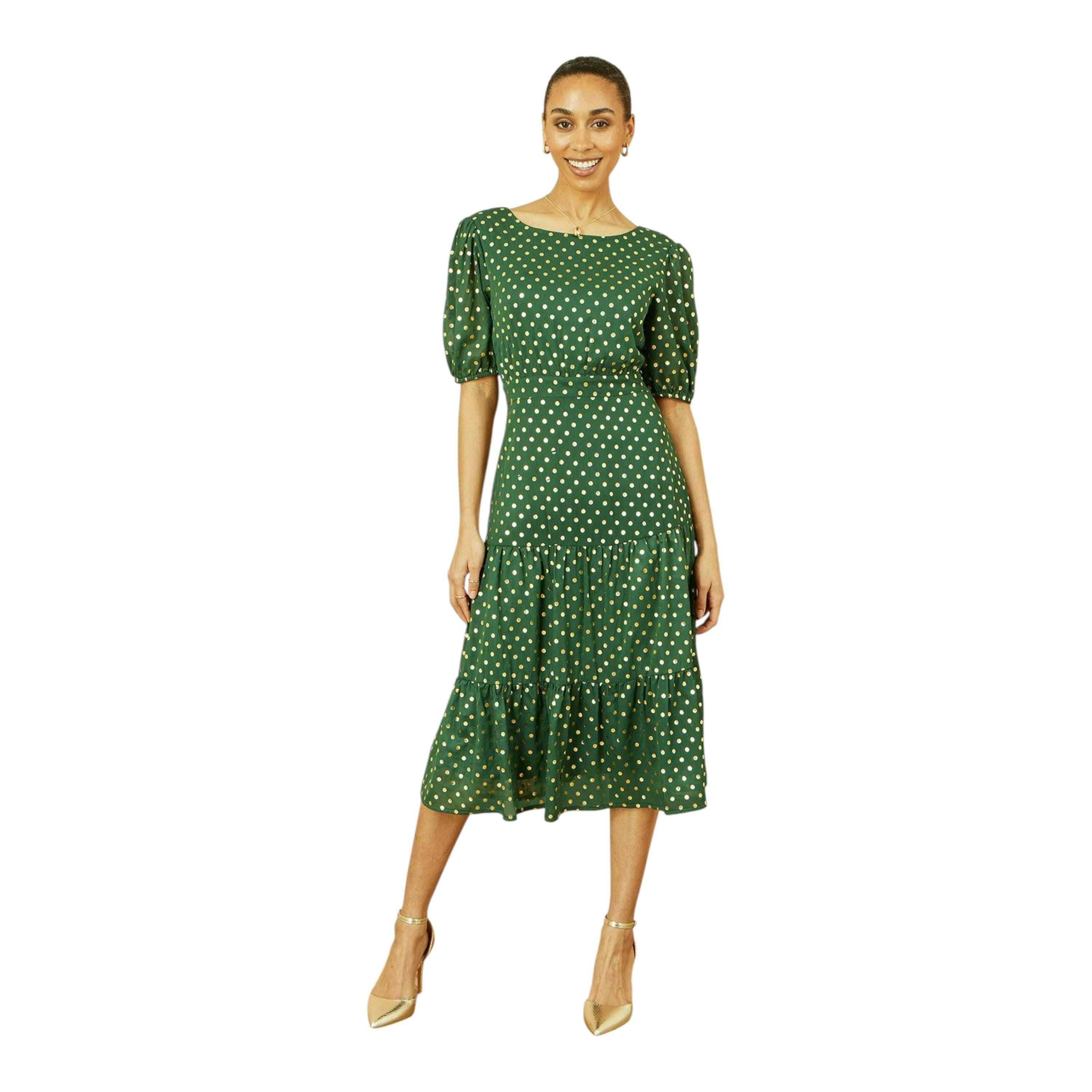 Yumi Green Gold Foil Spot Midi Dress With Scoop Back , view 1 of 6
