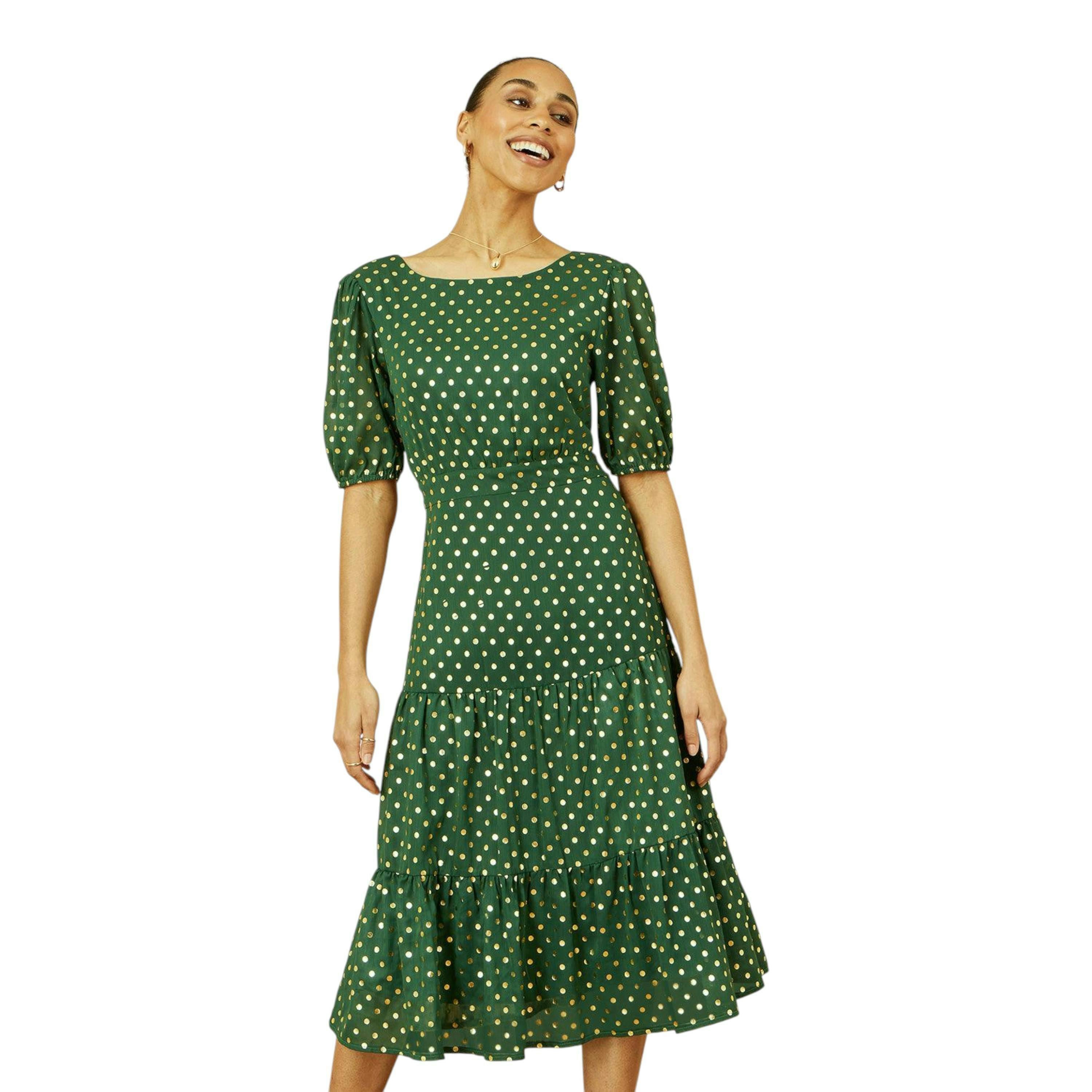 Yumi Green Gold Foil Spot Midi Dress With Scoop Back , view 2 of 6