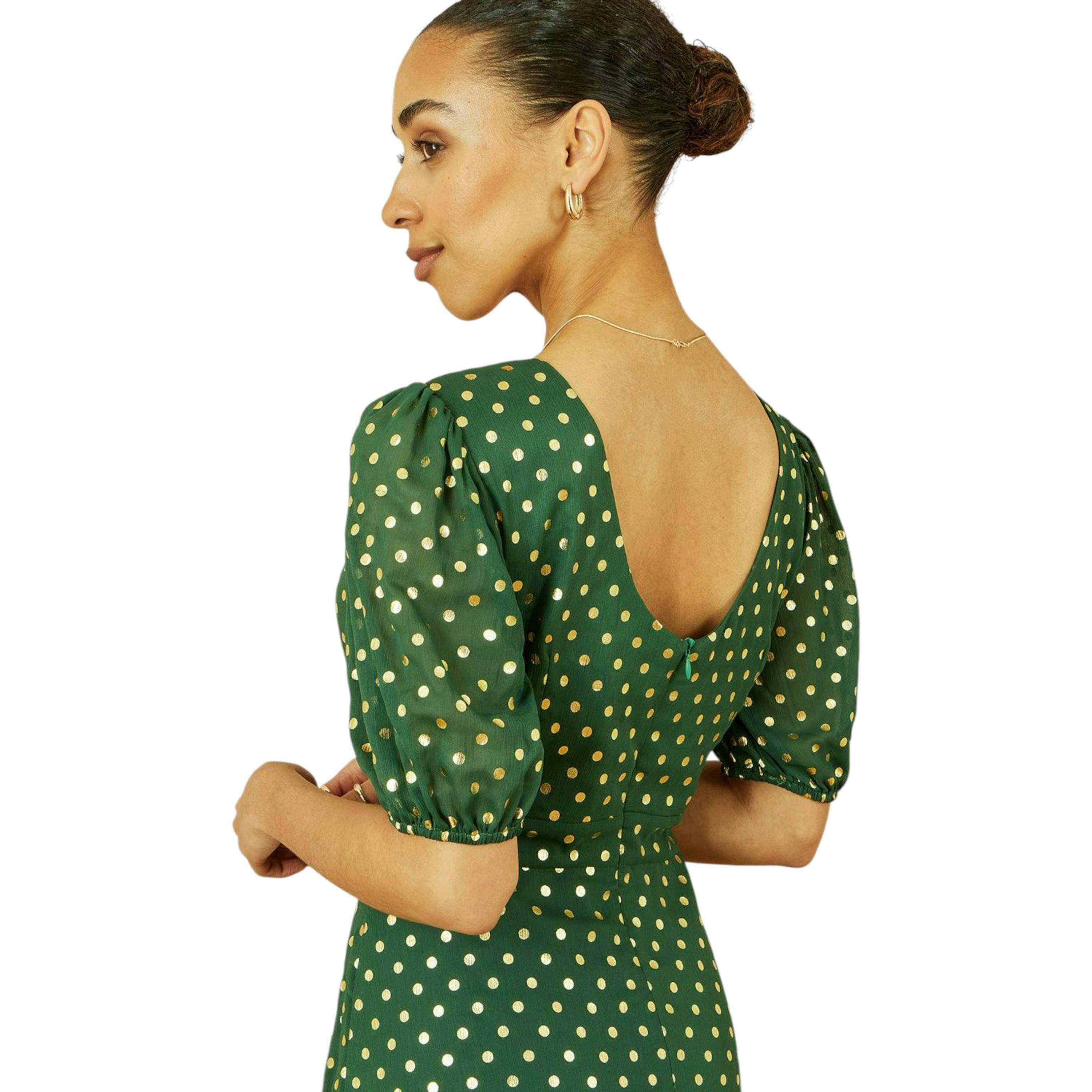 Yumi Green Gold Foil Spot Midi Dress With Scoop Back , view 3 of 6