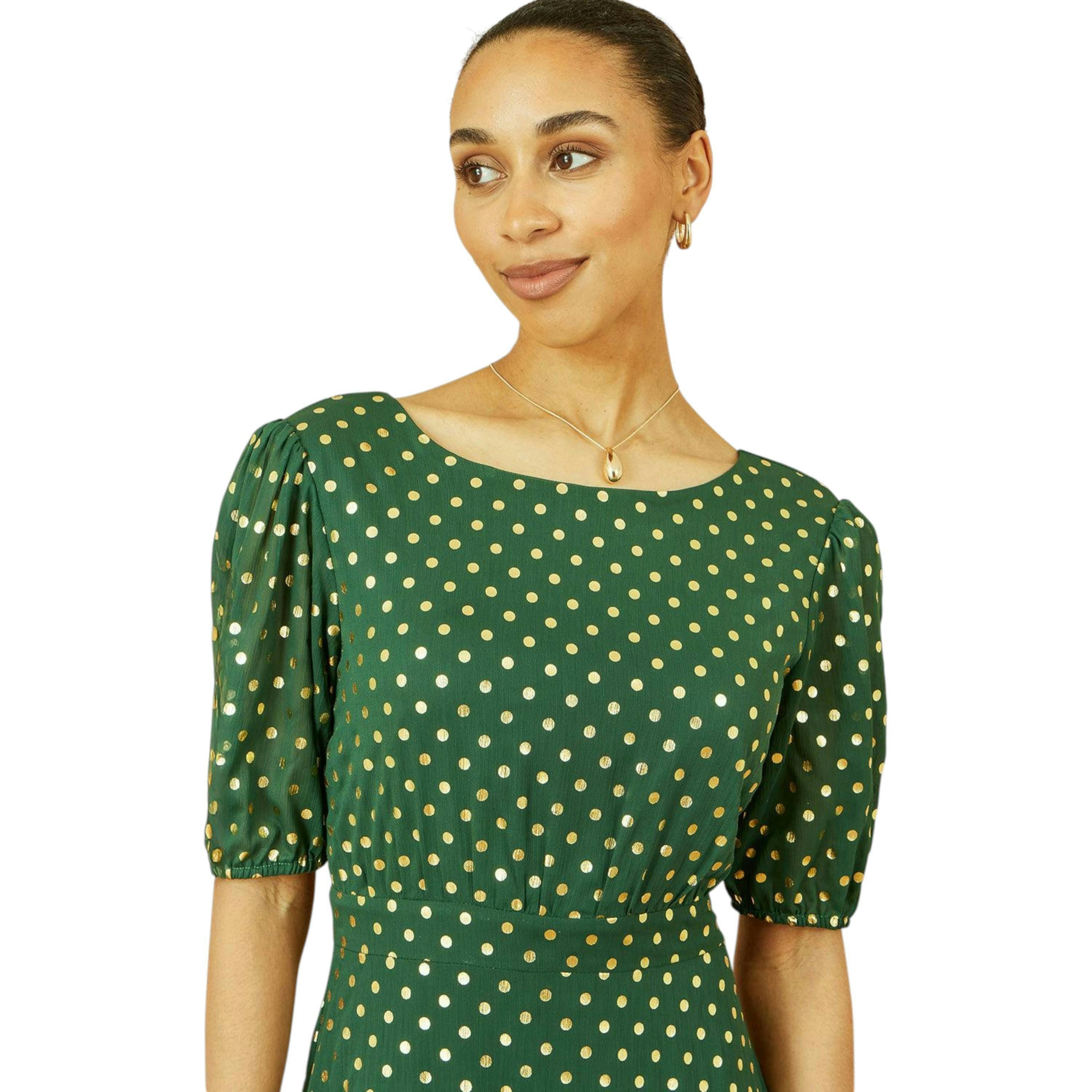 Yumi Green Gold Foil Spot Midi Dress With Scoop Back , view 4 of 6