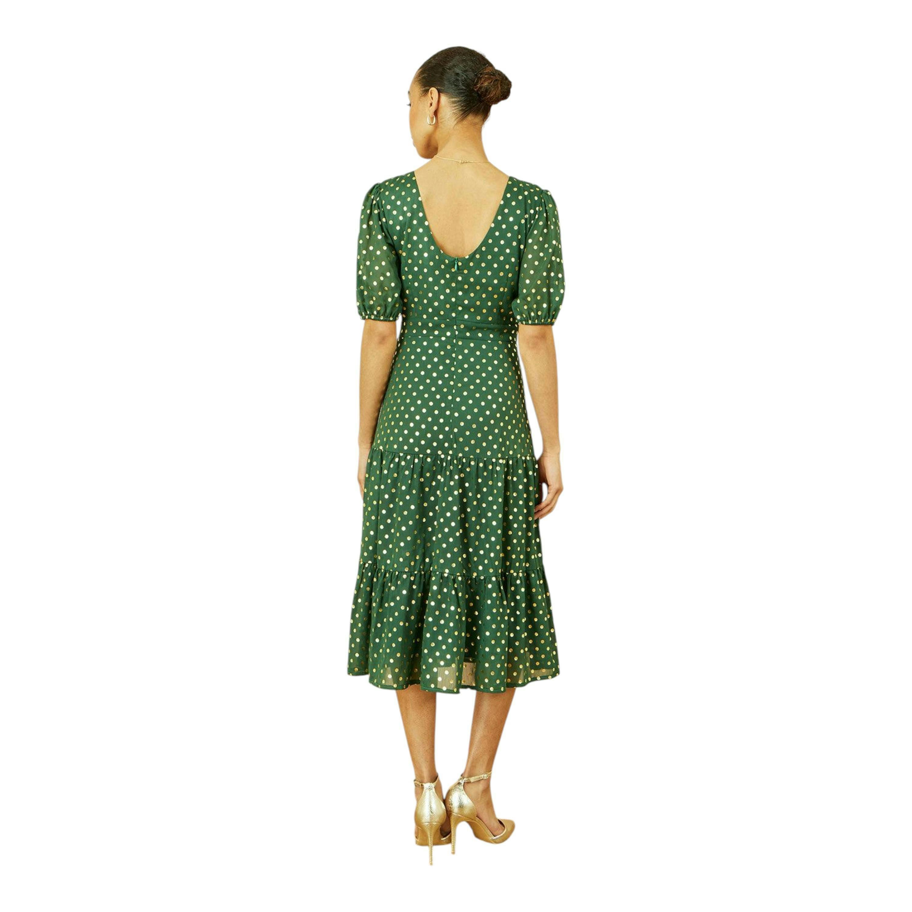 Yumi Green Gold Foil Spot Midi Dress With Scoop Back , view 5 of 6