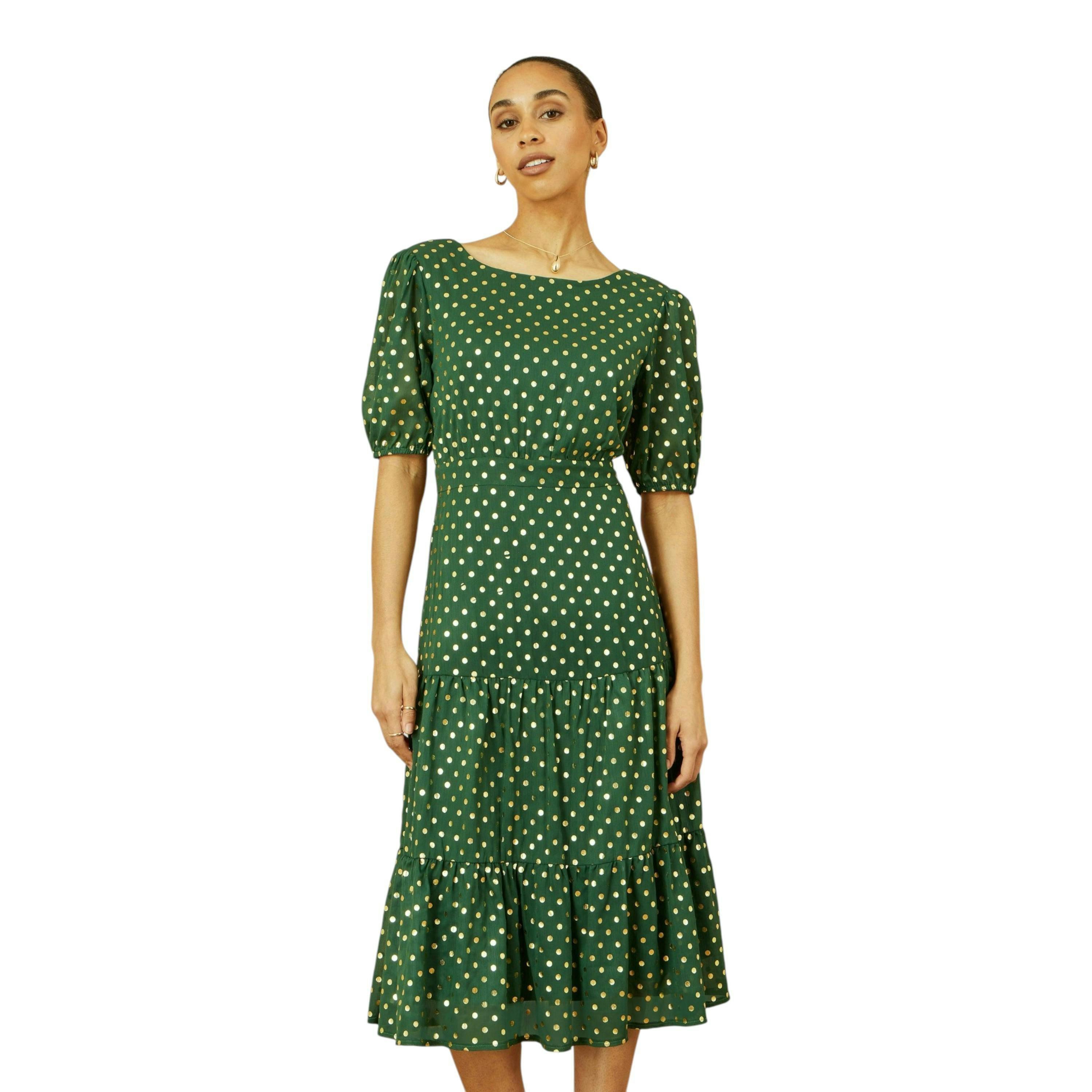 Yumi Green Gold Foil Spot Midi Dress With Scoop Back , view 6 of 6