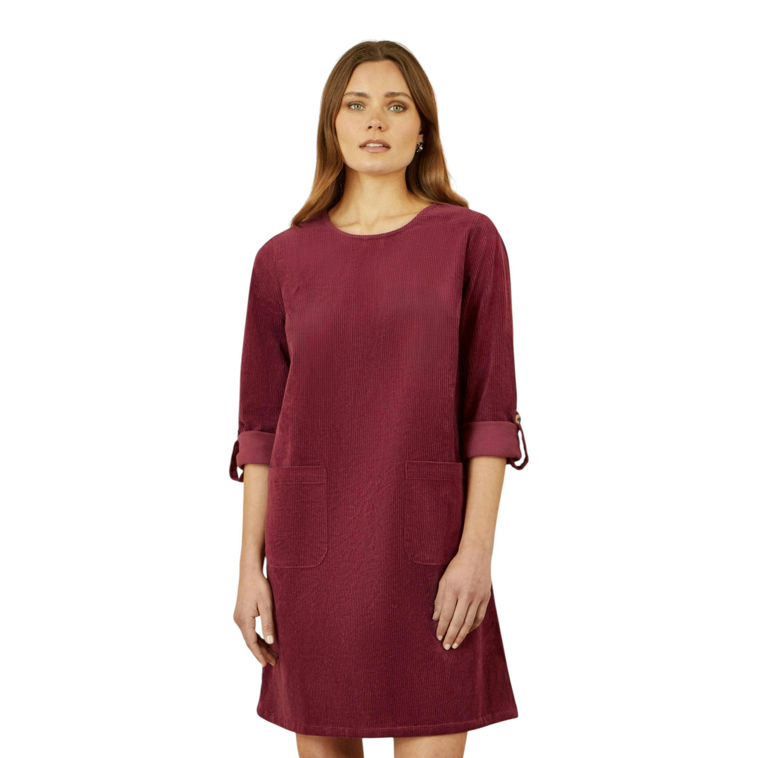 Yumi Burgundy Cord Tunic Dress With 3/4 Sleeves And Pockets , view 1 of 4