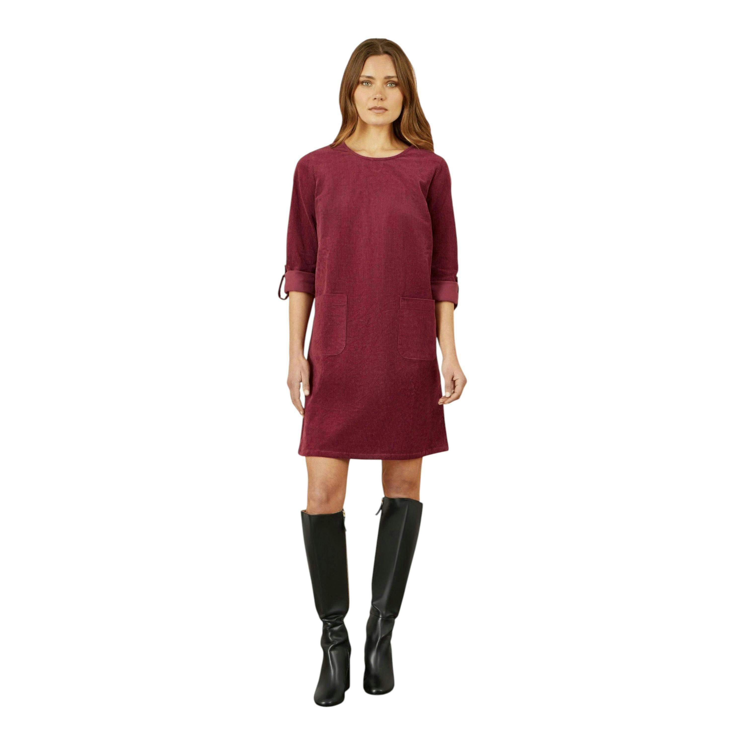 Yumi Burgundy Cord Tunic Dress With 3/4 Sleeves And Pockets , view 2 of 4